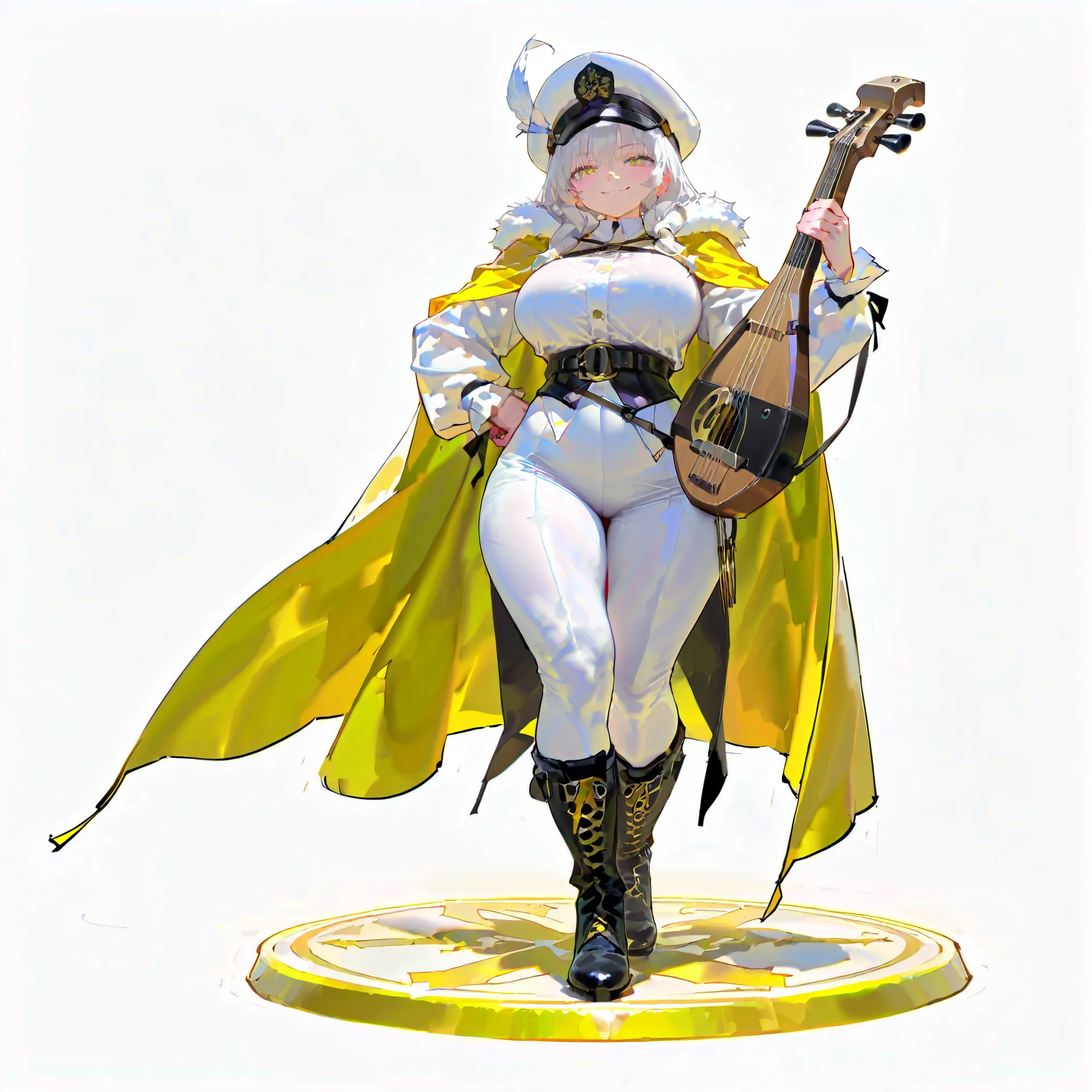 (((masterpiece))), (((Best Quality))), ((Ultra-detailed)), (High Definition anime Illustration), ((extremely delicate and beautiful)),solo, Full body, Dwarf bard lady, short figure, snow-white shaggy hair and gold eyes, copper skin,((stylish cloak and wres...