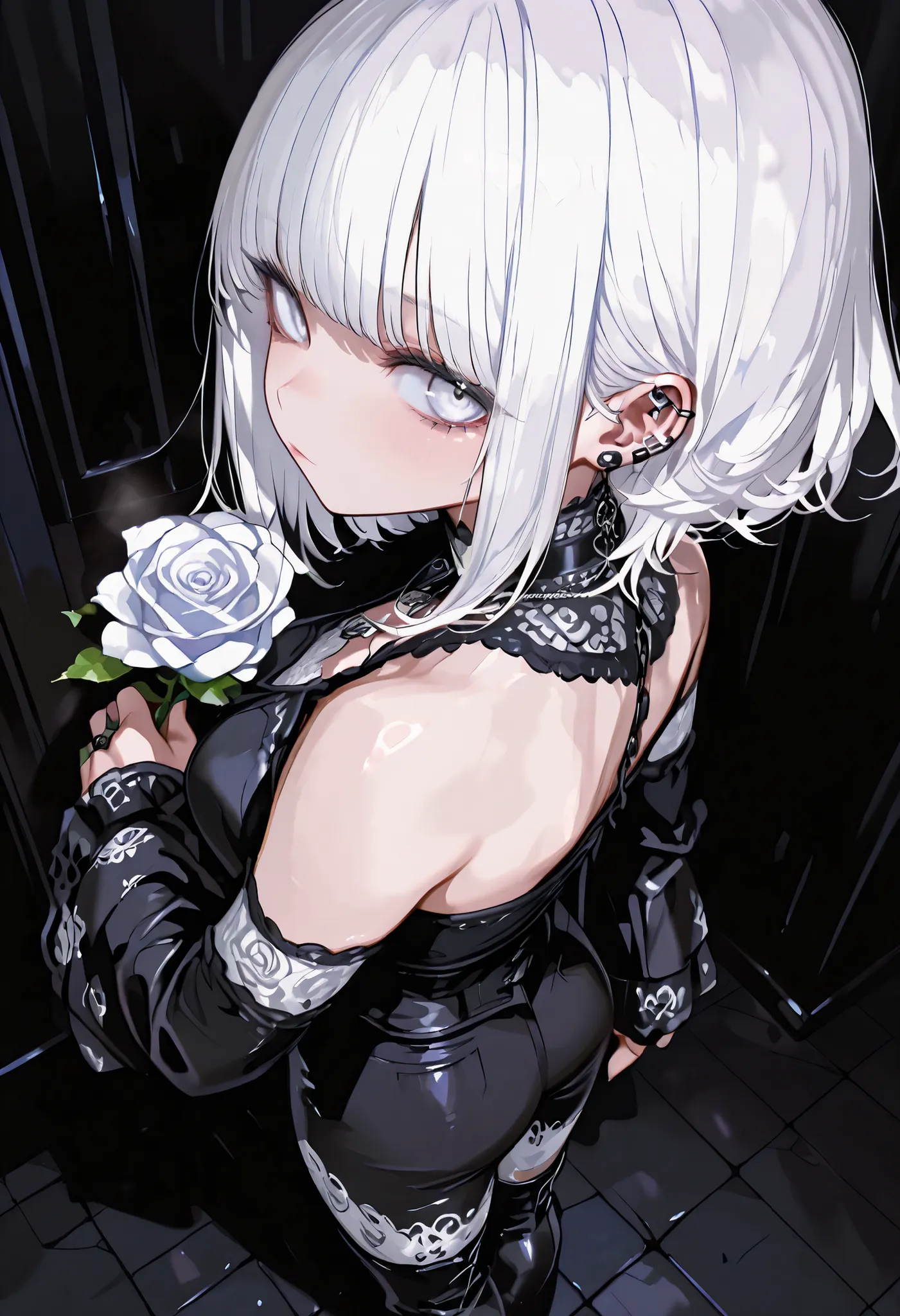 1 girl, , standing, segmented blade, Fair skin, Cropped White Lace Gothic Top, piercing, Beautifully Detailed White Eyes, Long Thick White Hair, princess cut,Looking back at the viewer, Thighs, leather mesh gothic white rose print pants, Long Glamorous B...