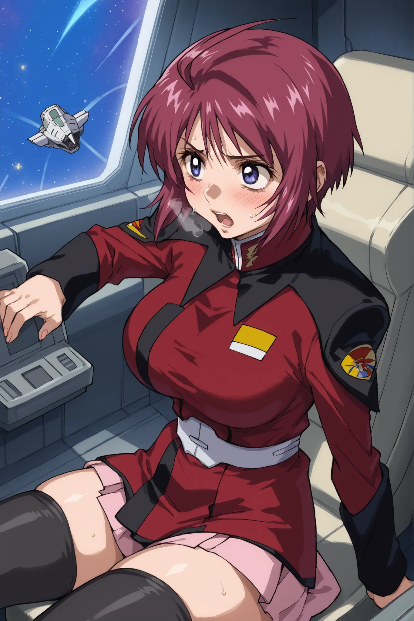 score_9,score_8_up,score_7_up,score_6_up,score_5_up,score_4_up,anime coloring,source_anime,anime screencap,lunamaria,1girl,solo,blue eyes,red hair,short hair,ahoge, destiny jacket,belt,pink miniskirt,pleated skirt,black thighhighs,solo, be shy of, blush, l...