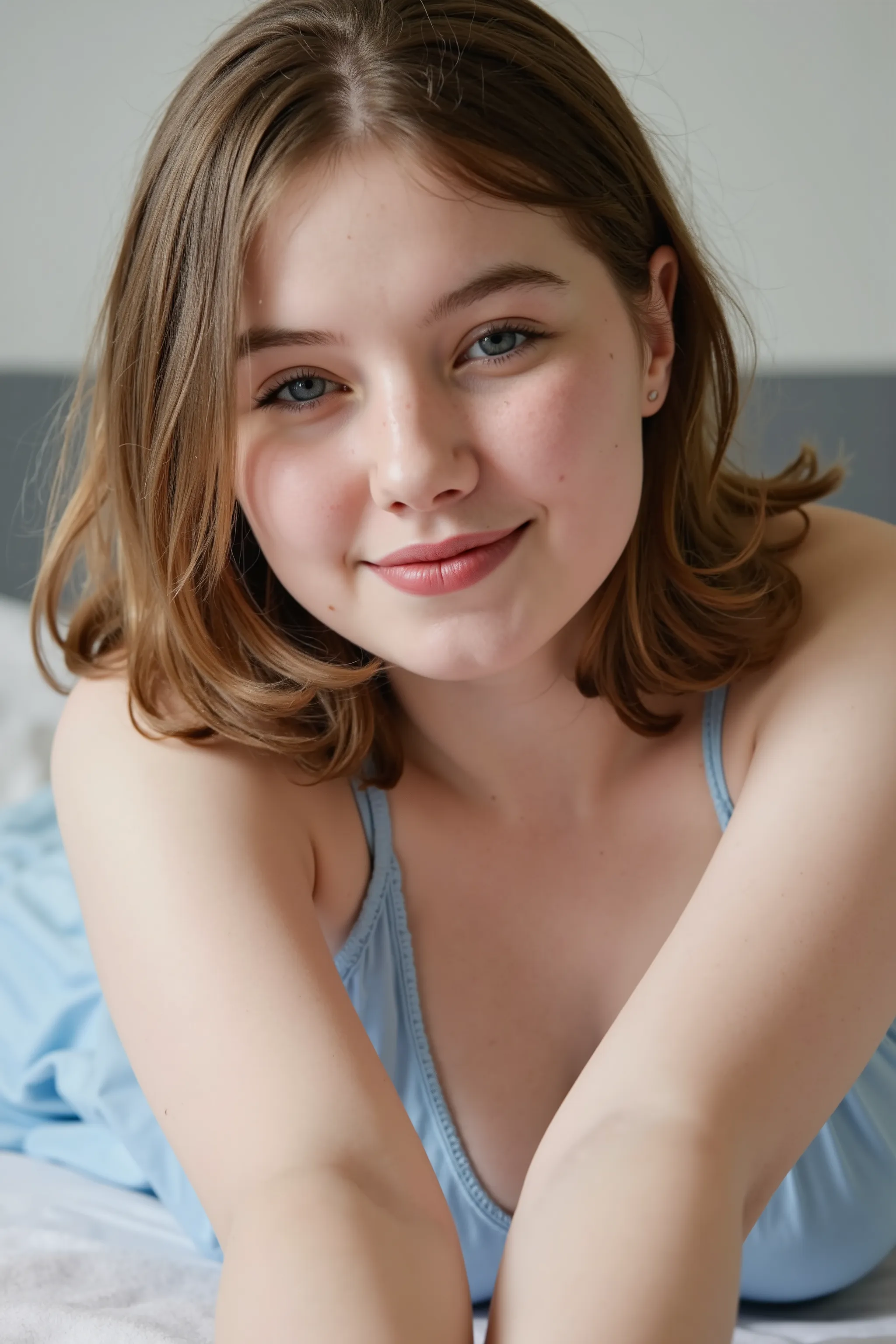 A beautiful fair skinned woman with blue eyes and light brown hair in messy waves around her. She is laying back on her back on a bed wearing a light blue nightie. Her arms are extended towards the viewer to pull them into a hug. She has a warm loving e...