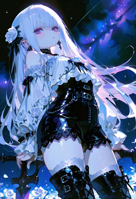 1 girl, , standing, segmented blade, Fair skin, Cropped White Lace Gothic Top, piercing, Beautifully detailed purple eye, Long Thick White Hair, princess cut,facing the front, Thighs, leather mesh gothic white rose print pants, Long Glamorous Boots, in t...