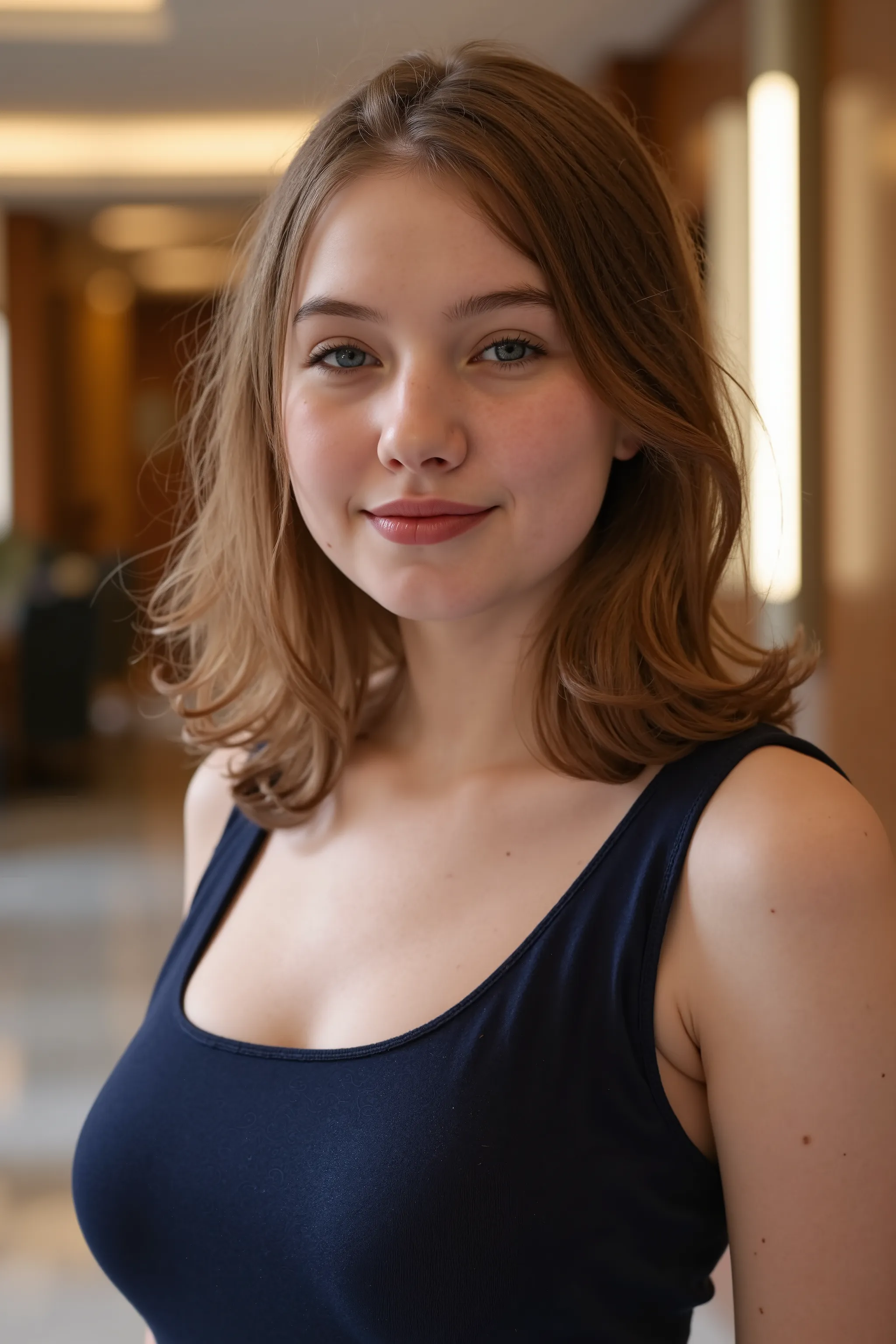 A beautiful fair skinned woman with blue eyes and light brown hair in messy waves around her. She is standing in a well lit hotel lobby wearing a navy blue scoop neck dress. She has a big smile.