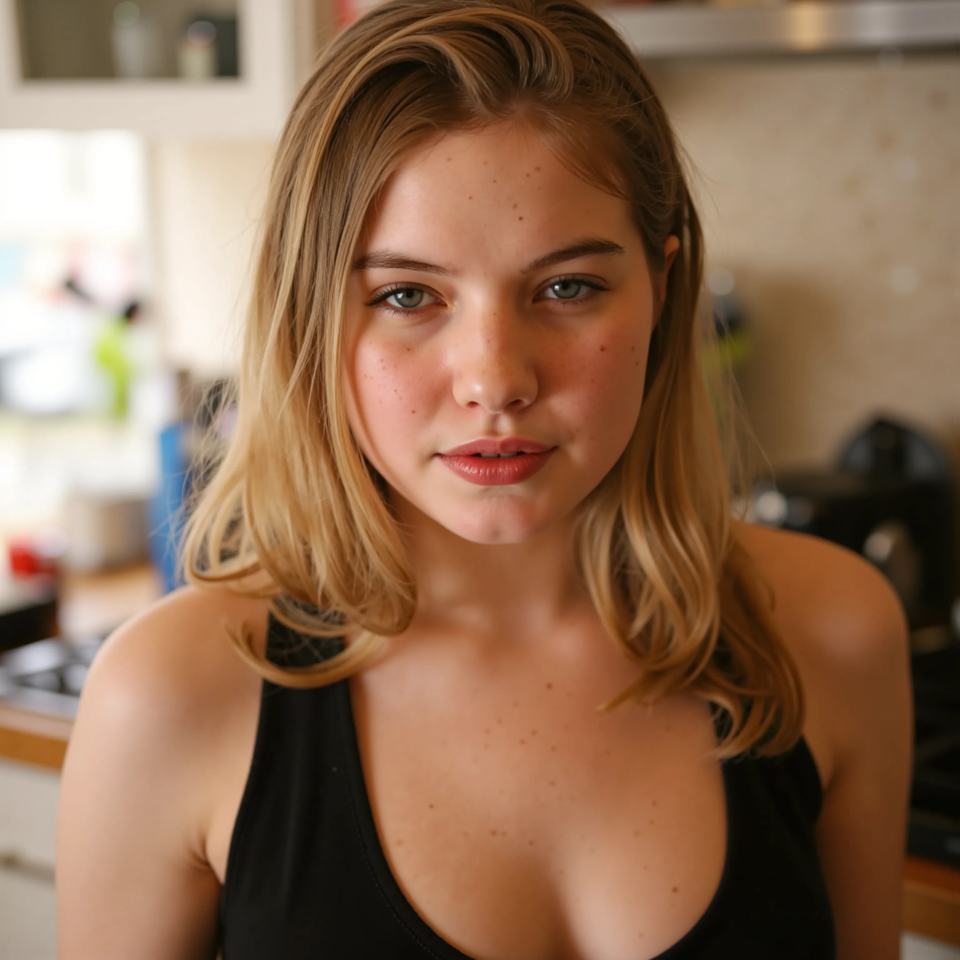 An (extreme close up of the face)+++ for a lora training set. A beautiful fair skinned woman with blue eyes and long straight blond hair. She is standing in a kitchen wearing ablack scoop neck dress. She an angry expression. (masterpiece), (best qualit...