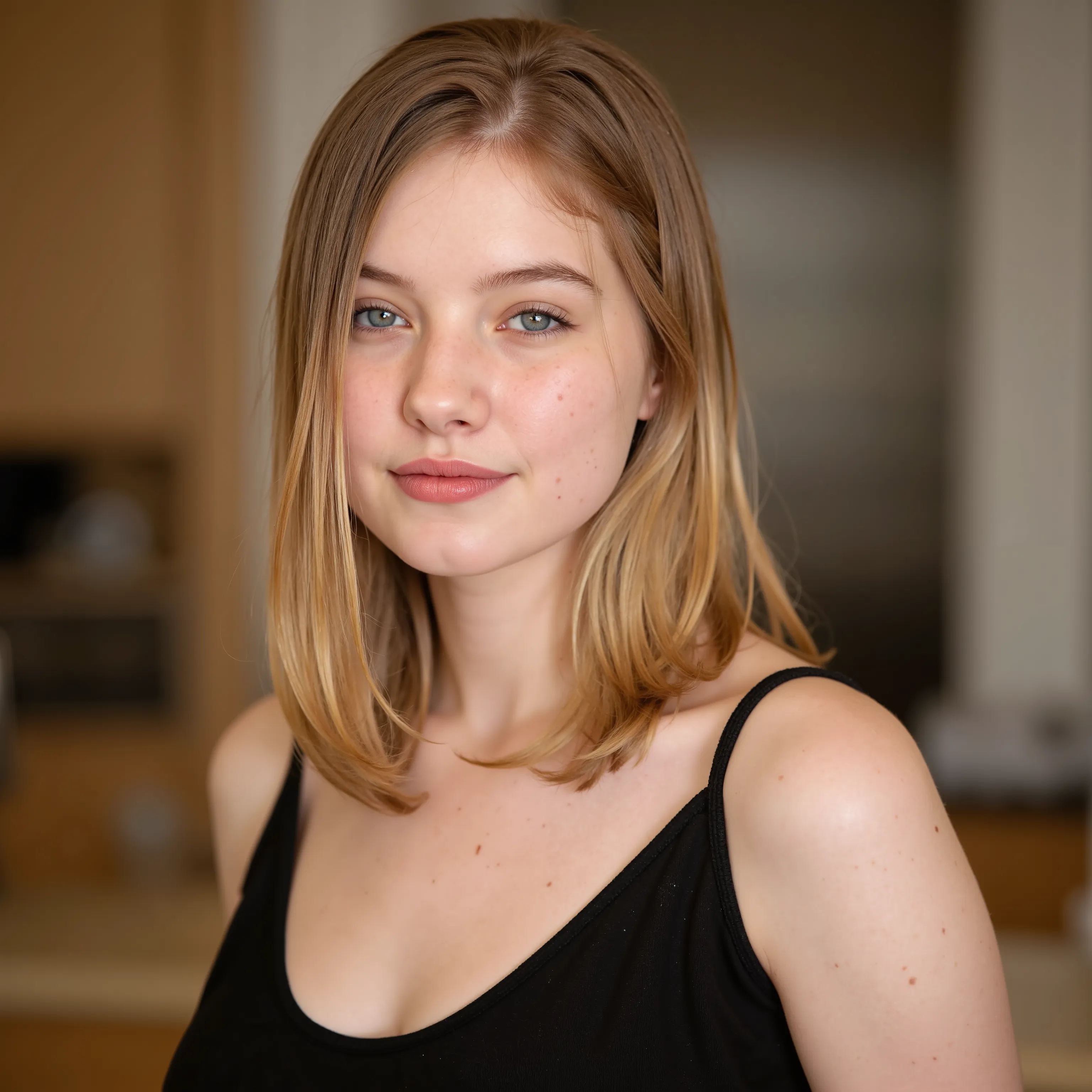 An (extreme close up face shot)+++ for a lora training set. A beautiful fair skinned woman with blue eyes and long straight blond hair. She is standing in a kitchen wearing ablack scoop neck dress. She a neutral expression. (masterpiece), (best quality...