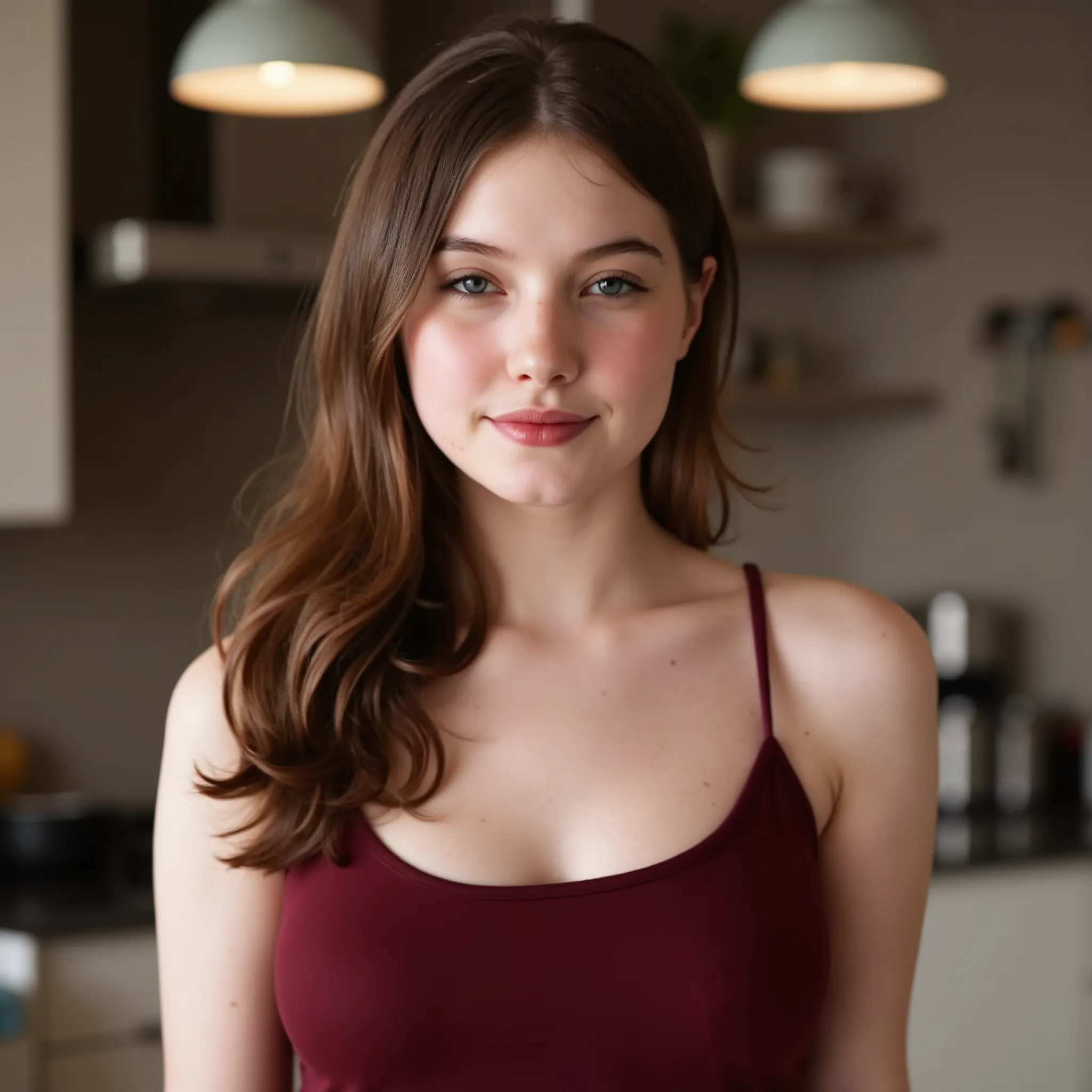 An (extreme close up:2.0) for a lora training set. A beautiful fair skinned woman with blue eyes and long messy brown hair. Fair complexion, light skin, (unblemished skin), She is standing in a kitchen wearing maroon scoop neck dress. She a neutral expre...