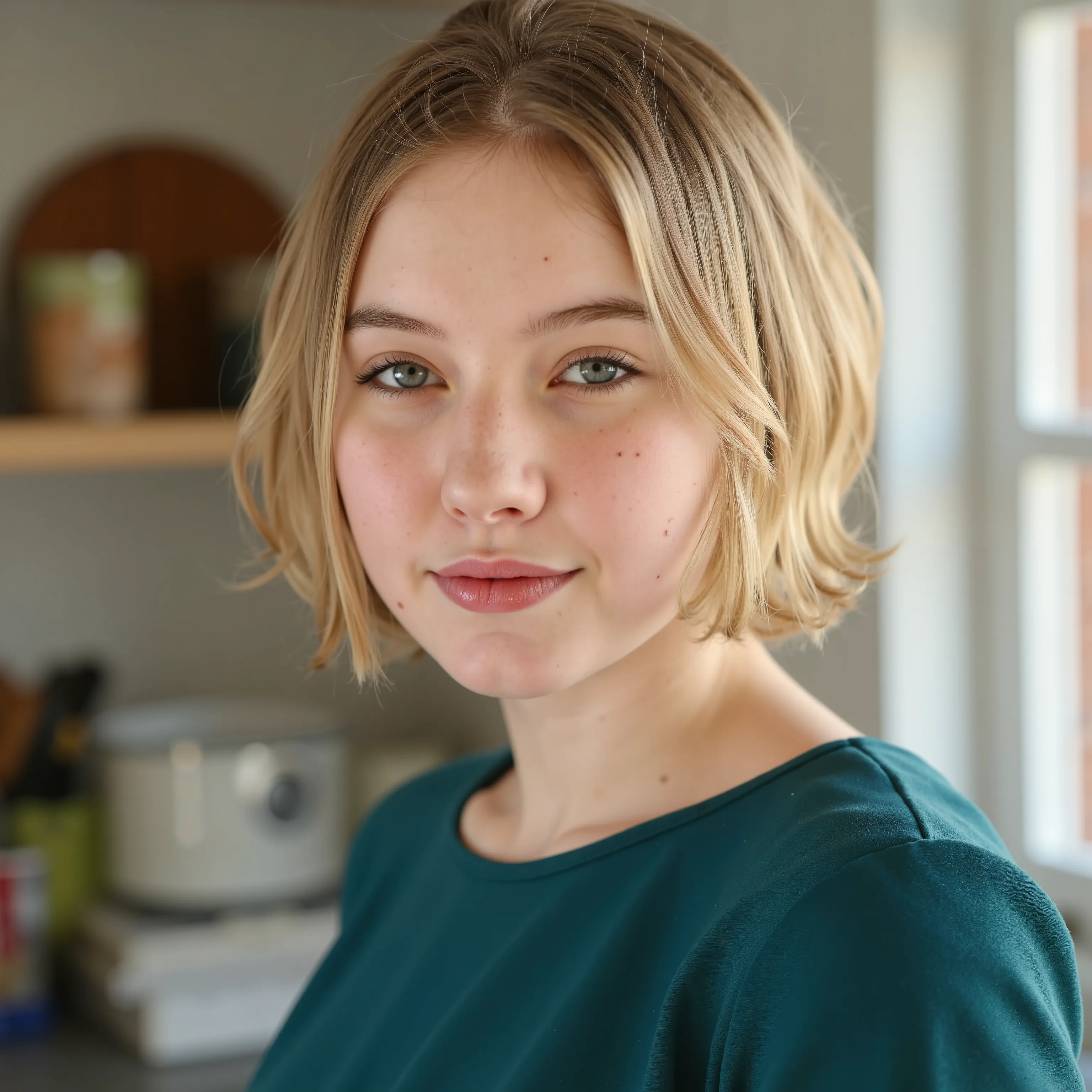 An (extreme close up:2.0) for a lora training set. A beautiful fair skinned woman with blue eyes and short straight blond hair. Fair complexion, light skin, (--no freckles:2.0), She is standing in a kitchen wearing dark turquoise scoop neck dress. She a ...