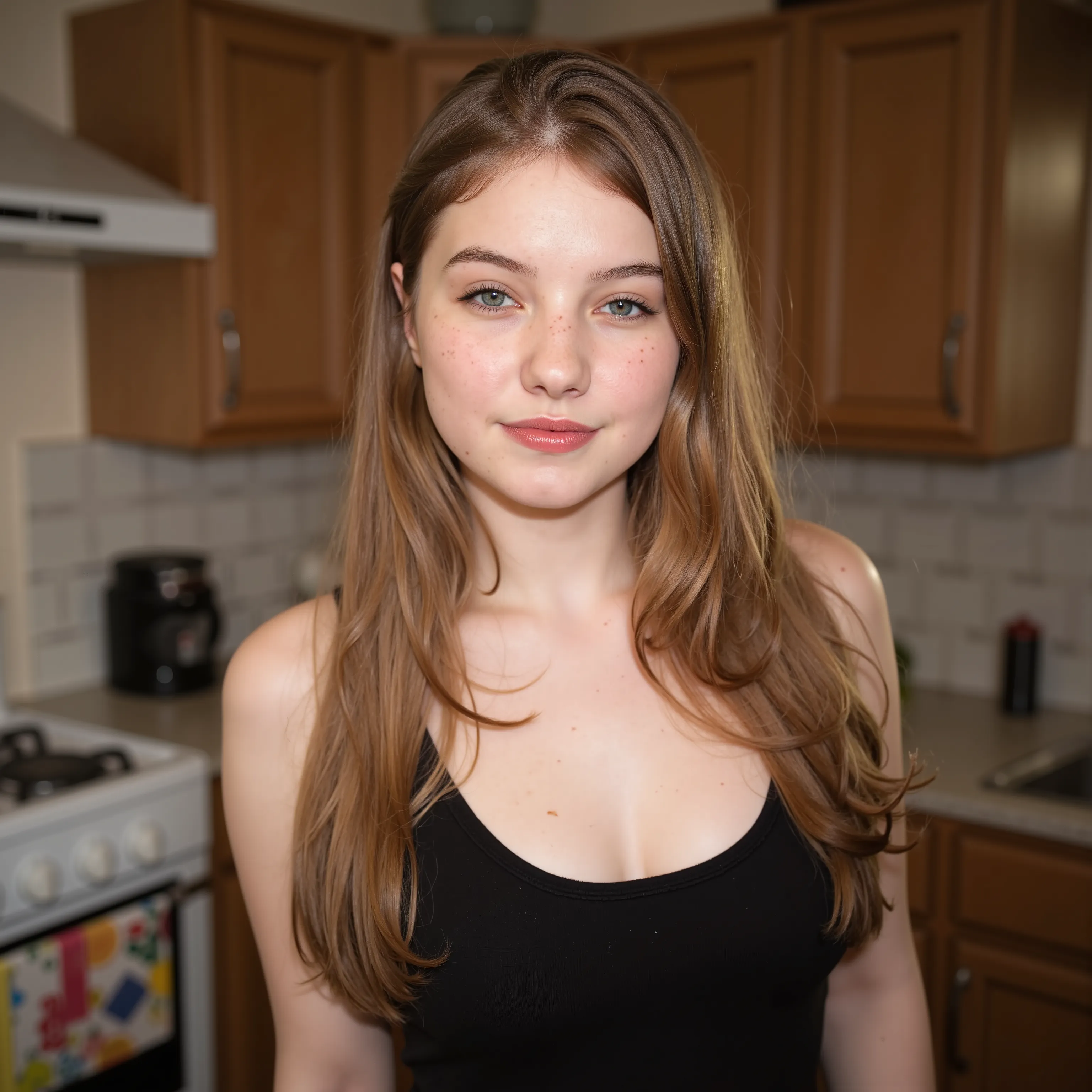An (extreme close up:2.0) for a lora training set. A beautiful fair skinned woman with blue eyes and long curly blond hair. Fair complexion, light skin, (--no freckles:2.0), She is standing in a kitchen wearing a black scoop neck dress. She a neutral exp...