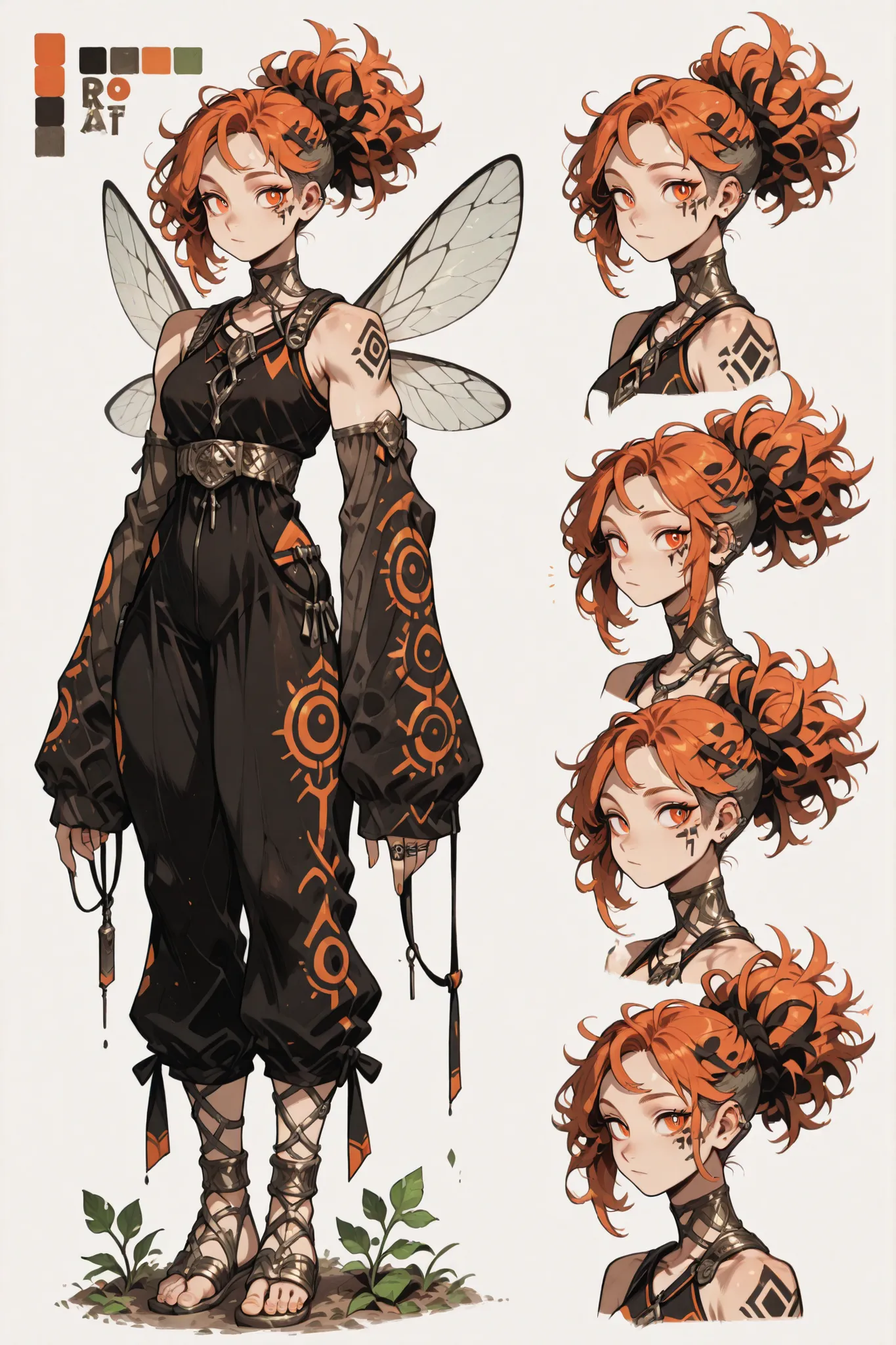 Character sheet, highlighting the character. A woman, 24 years old, with slightly tanned skin, wavy red hair with curls at the ends, short in the Undercut or low fade style, with less contrast between the parts, fringed with white strands, her eyes are sem...