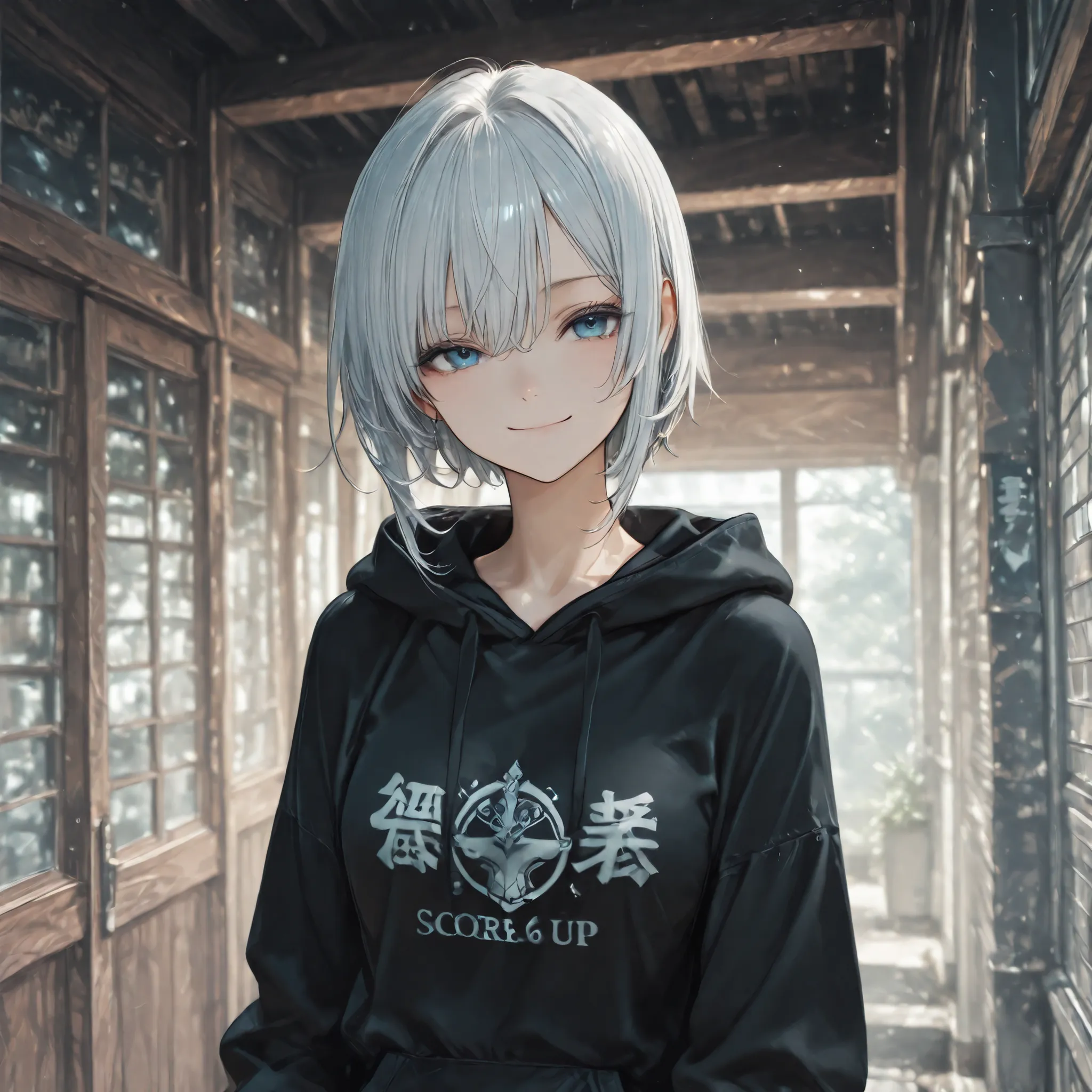 score_9, score_8_up, score_7_up, score_6_up, score_5_up, score_4_up,
4K, 8K, Silver_hair, short hair,
1girl, solo, smile, cool, Cool black clothes, adult, Oversized black hoodie, blue eye,