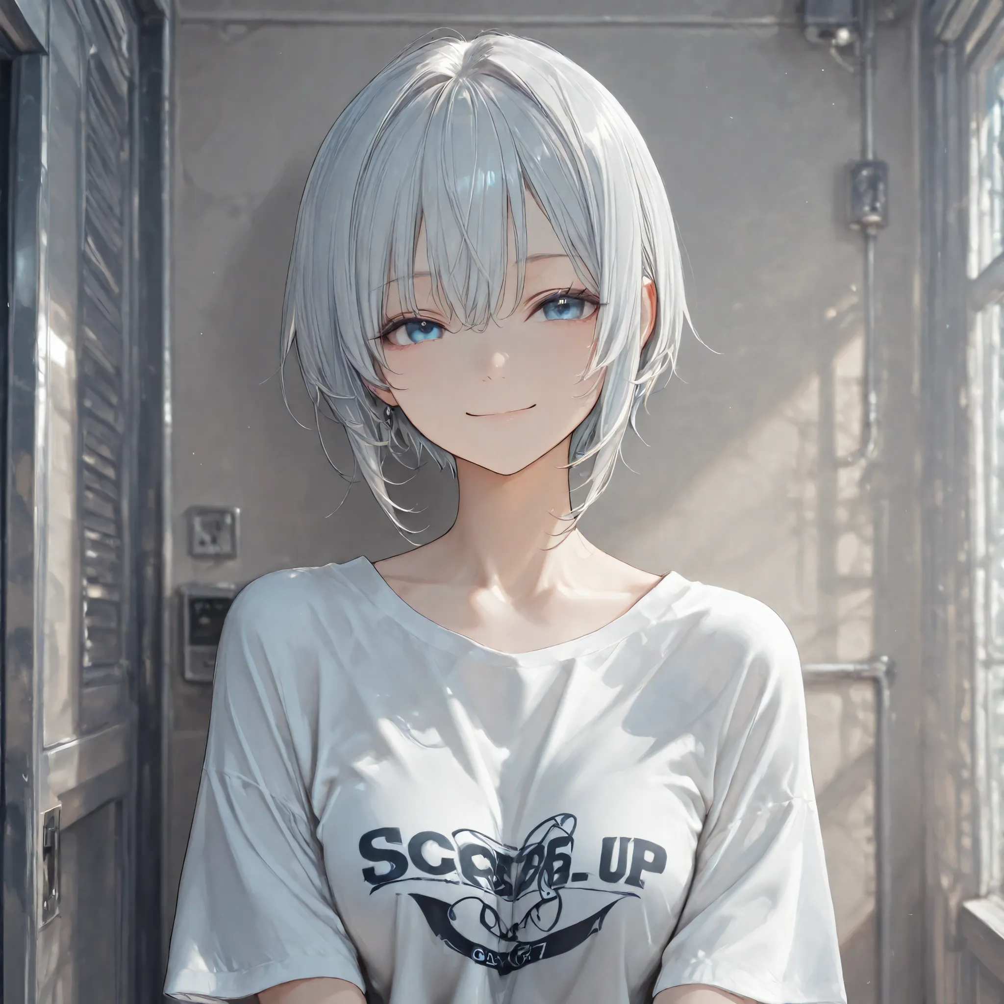 score_9, score_8_up, score_7_up, score_6_up, score_5_up, score_4_up,
4K, 8K, Silver_hair, short hair,
1girl, solo, smile, cool, Cool black clothes, adult, (oversized) white t-shirt, blue eye,