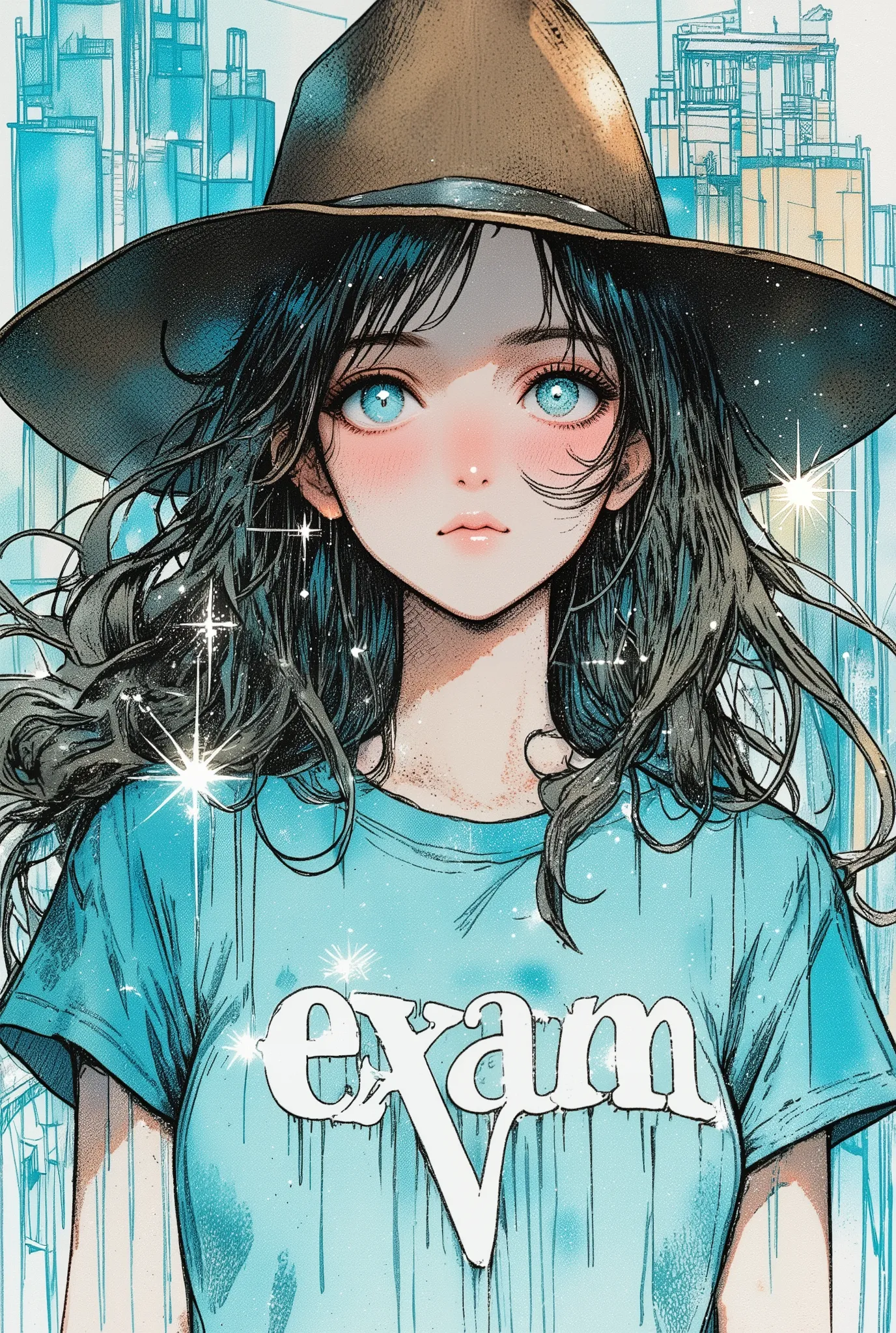 "Please soak the paper in plenty of water, then paint a wet watercolor image on it, as if you were dripping watercolor paint on it", "Please draw a beautiful woman's face, especially her beautiful eyes, and use sputtering to make them sparkle", "Watercolor...