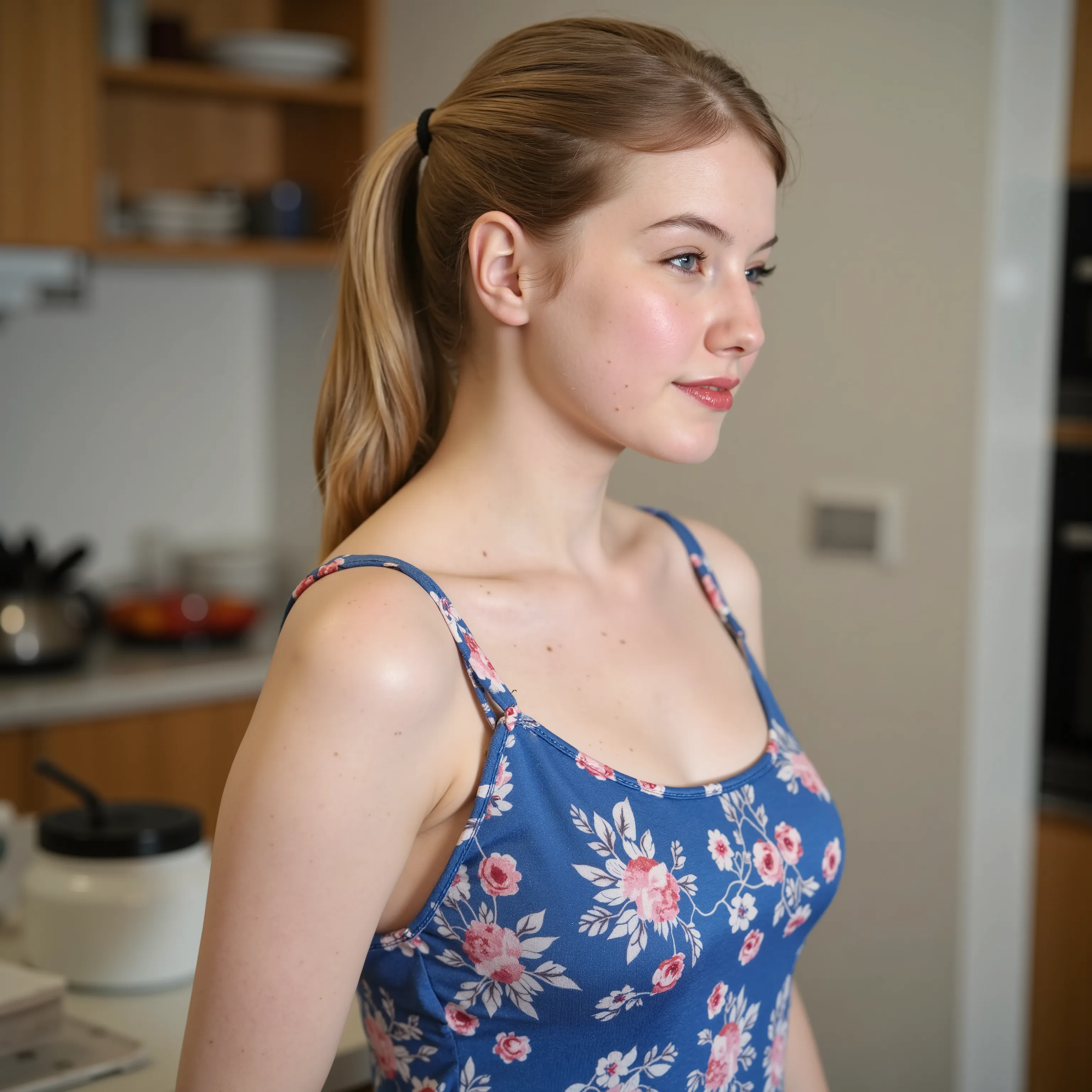 An (extreme close up profile of left side) for a lora training set. A beautiful fair skinned woman with blue eyes and long blond ponytail. Fair complexion, light skin, (--no freckles:2.0), She is standing in a kitchen wearing a blue flowery scoop neck dre...