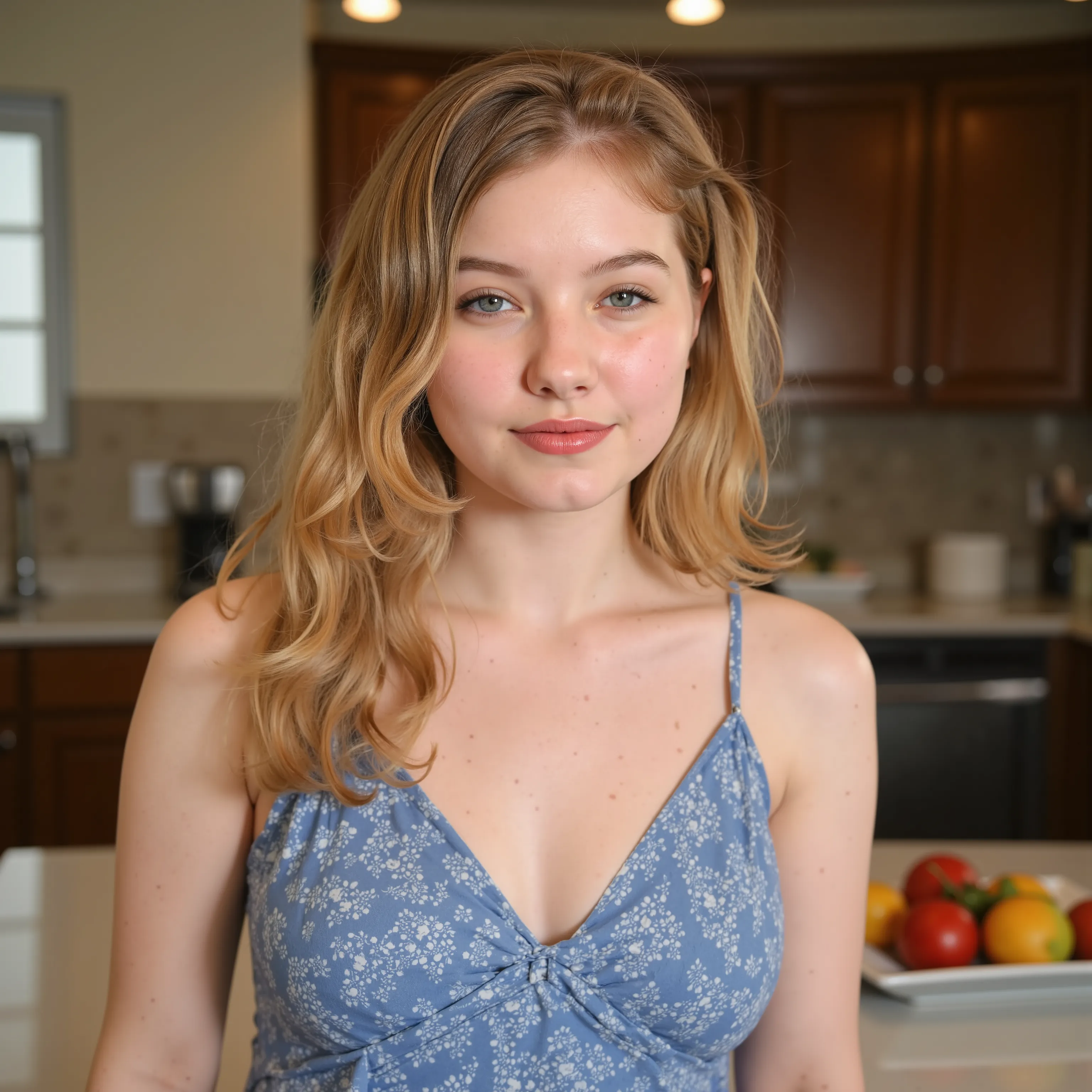 An (extreme close up:2.0) for a lora training set. A beautiful fair skinned woman with blue eyes and long curly light blond hair. Fair complexion, light skin, (--no freckles:2.0), She is standing in a kitchen wearing a blue flowery scoop neck dress. She ...