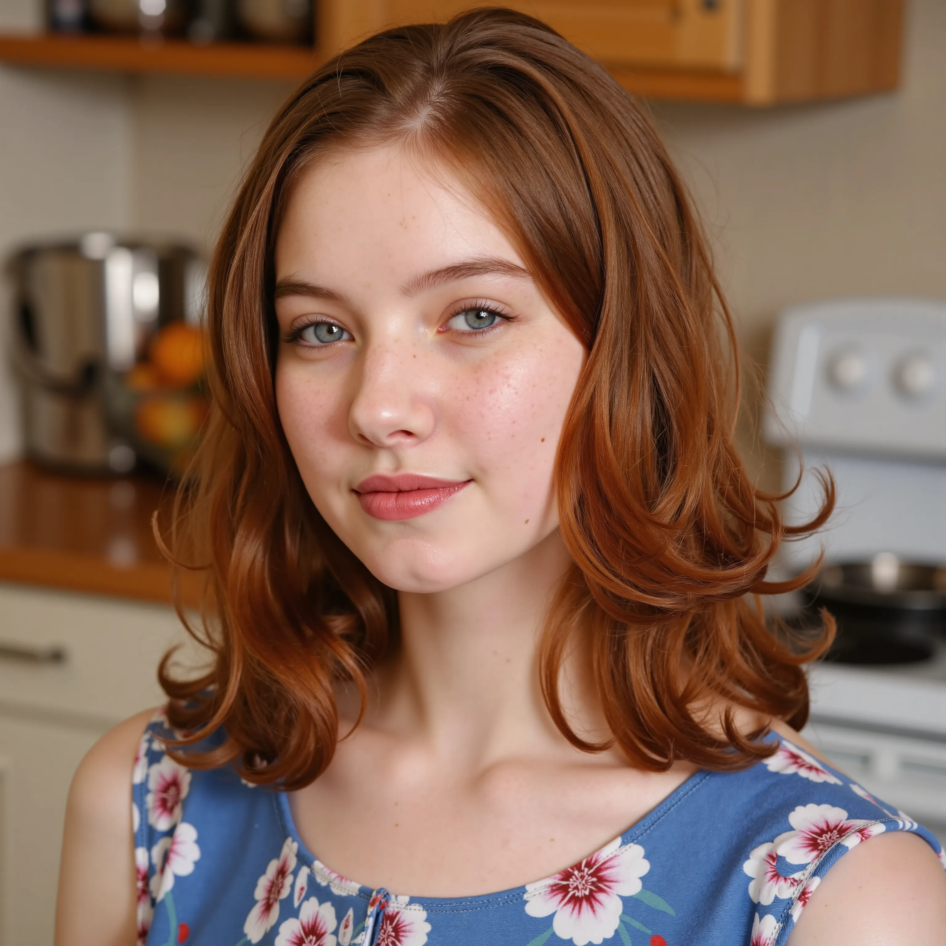 An (extreme close up:2.0) for a lora training set. A beautiful fair skinned woman with blue eyes and long curly red hair. Fair complexion, light skin, (--no freckles:2.0), She is standing in a kitchen wearing a blue flowery scoop neck dress. She a neutra...