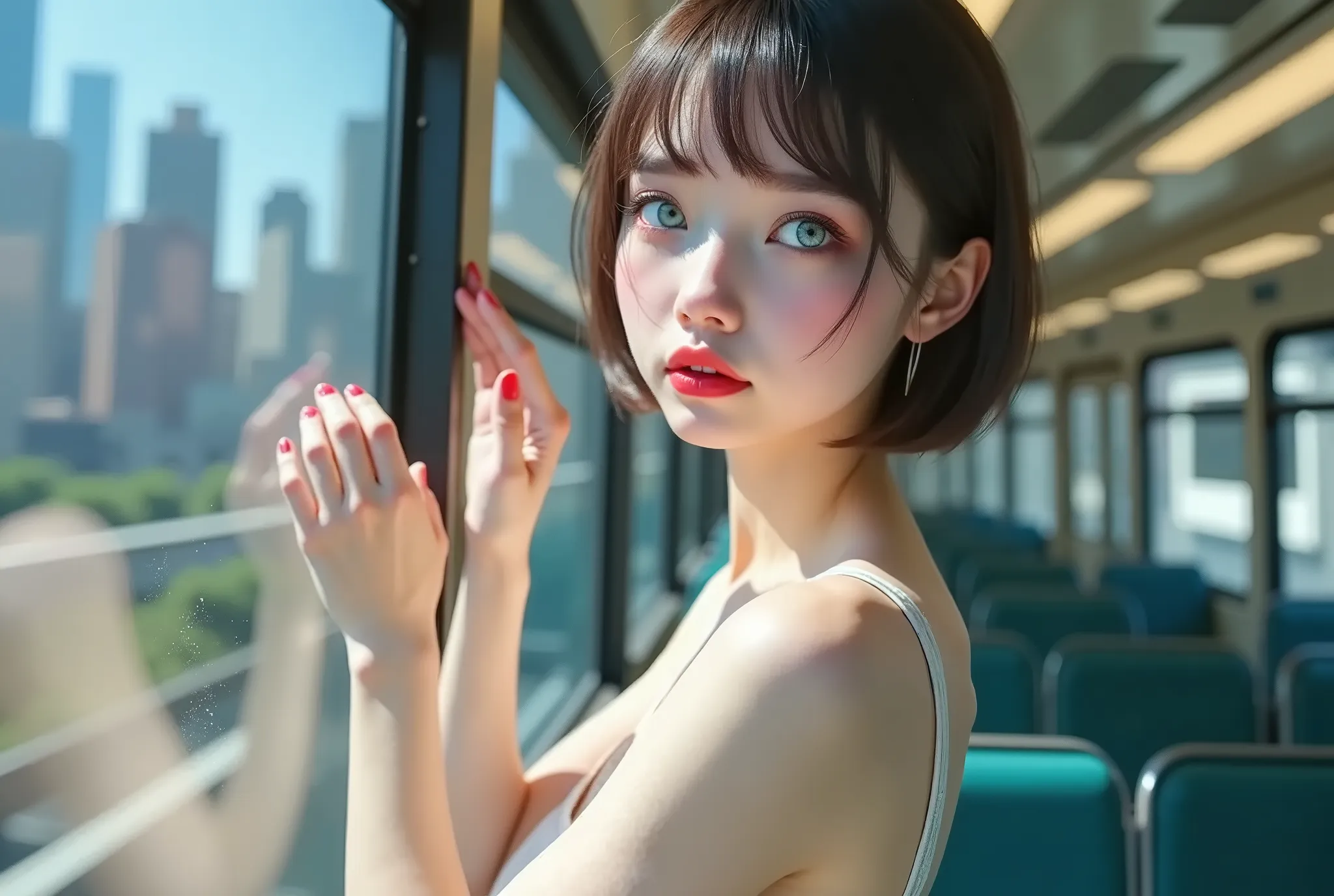 ((RAW Photo), Absurds, (Absurd Resolution)), ((Hyperrealism, Photorealistic)), ((Casual Photo)), (beautiful woman 18 years old), (wearing thin dress), ((holding a harness, she looks at her reflection in the window)), (a hot afternoon, inside a city SUBWAY ...