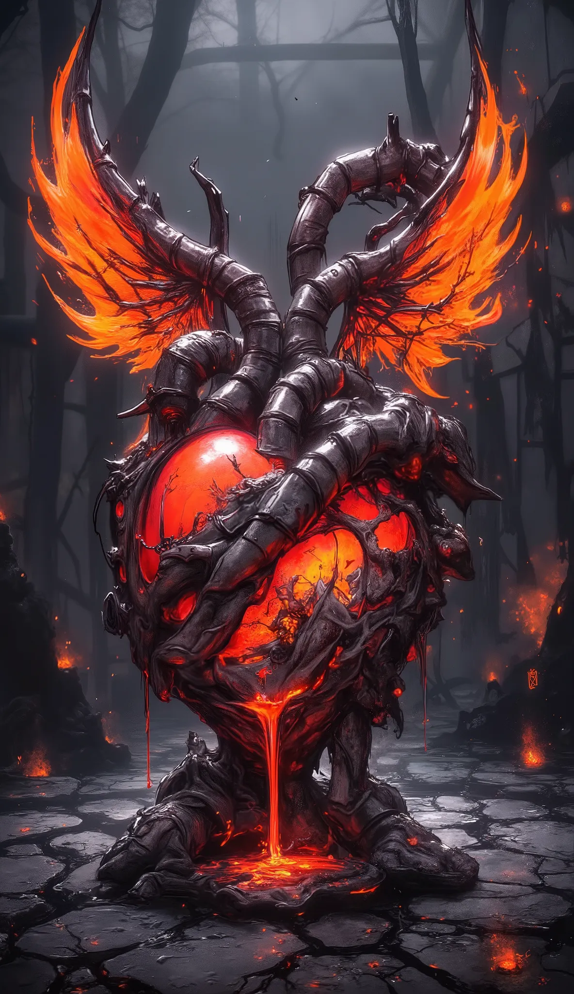 A surreal, industrial-themed heart design, featuring a metallic heart with pipes and machinery integrated into its structure. The heart has vibrant orange wings that appear to be made of flames, symbolizing passion and intensity. It is wrapped in barbed wi...