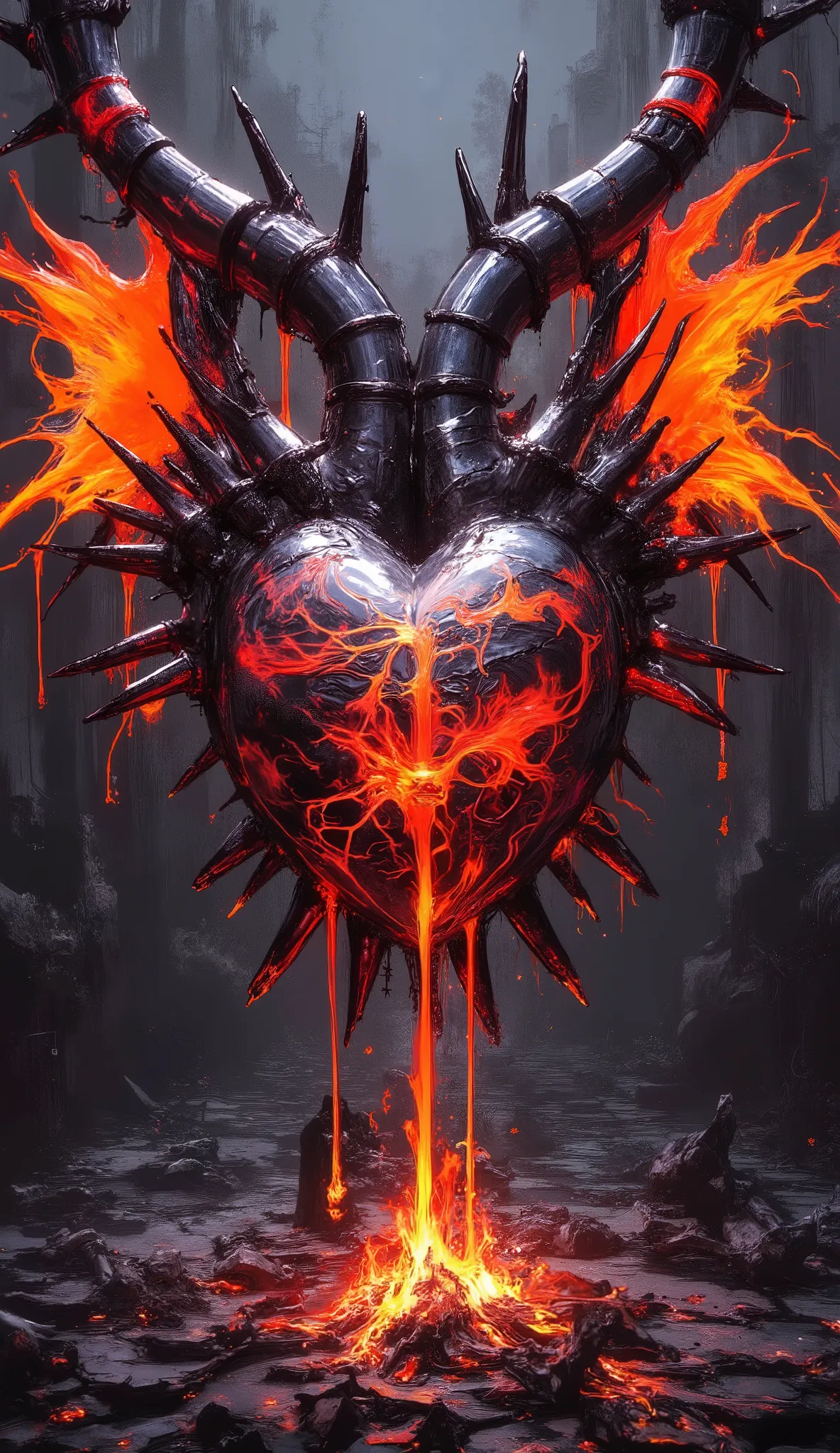 A surreal, industrial-themed heart design, featuring a metallic heart with pipes and machinery integrated into its structure. The heart has vibrant orange wings that appear to be made of flames, symbolizing passion and intensity. It is wrapped in barbed wi...
