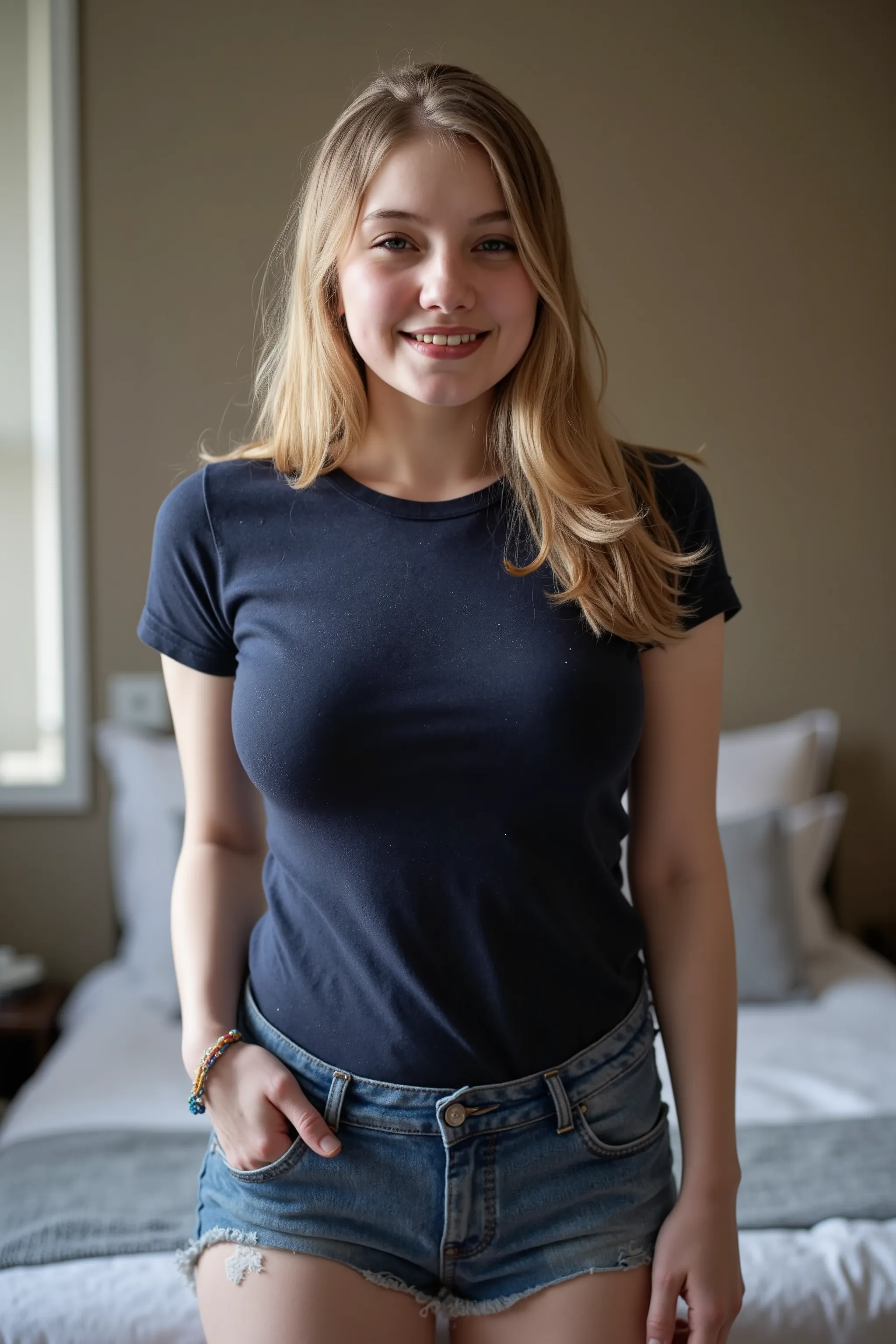 (extreme long distance shot:2.0) for a lora training set. A beautiful fair skinned woman with blue eyes and long straight blond hair. Fair complexion, light skin, huge giant breasts, She is standing in a well lit bedroom wearing a fitted navy blue t-shirt...