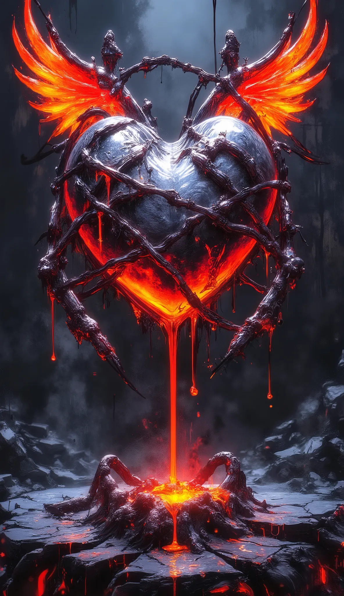A surreal, industrial-themed heart design, featuring a metallic heart with pipes and machinery integrated into its structure. The heart has vibrant orange wings that appear to be made of flames, symbolizing passion and intensity. It is wrapped in barbed wi...