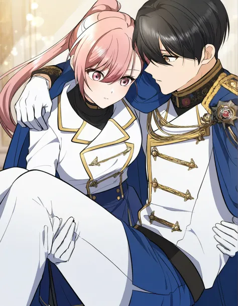 masterpiece,best quality,Regina rena, 1girl, solo , pink hair, ponytail,wearing a stylish military-inspired ,, white pants , blue skirt, Jacket , blue Cape ,white military-style jacket with gold accents, including decorative buttons and trim, Gloves , prin...