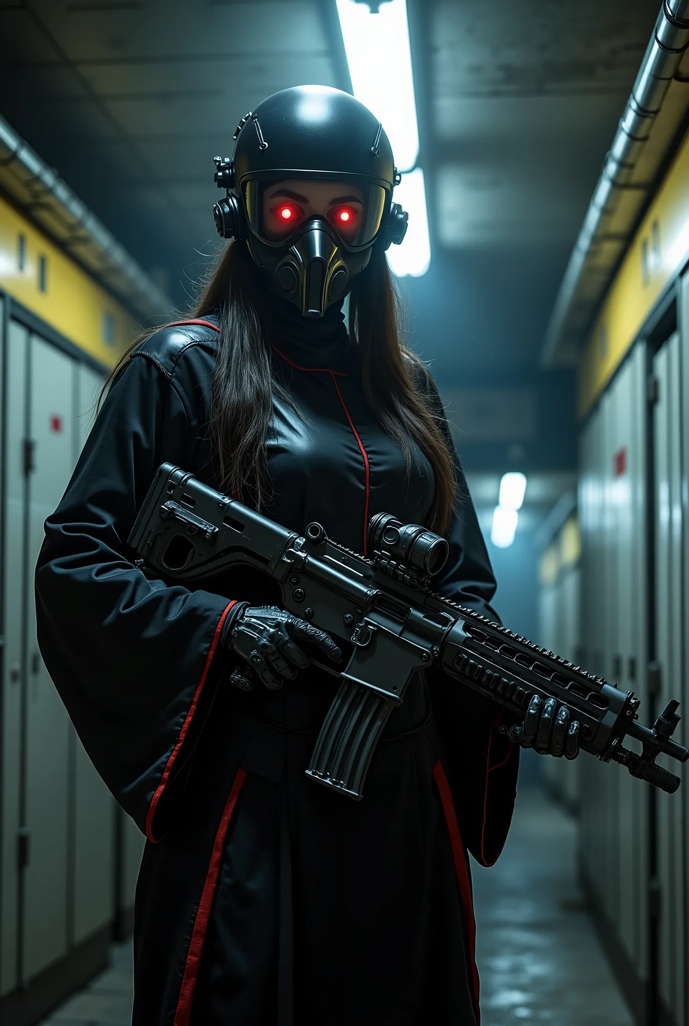 Masterpiece, legend, highres, award, professional quality, perfect lighting, (Highest quality), future, (((Lots of girls))),  Troopers, long hair, in Japan style dark room, in underground, cave, horror style, Asymmetrical black exoskeleton suit mixed kimon...
