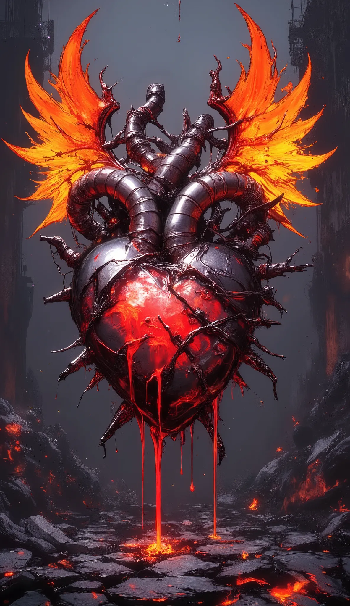 A surreal, industrial-themed heart design, featuring a metallic heart with pipes and machinery integrated into its structure. The heart has vibrant orange wings that appear to be made of flames, symbolizing passion and intensity. It is wrapped in barbed wi...