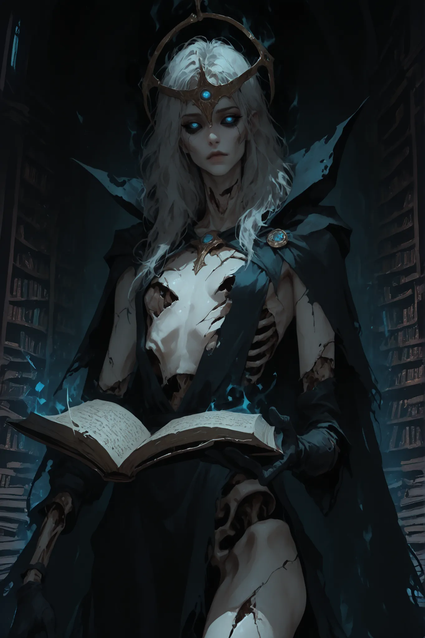 solo, female, faintly glowing eyes, blue eyes, cute, pretty face, black sclera, cute face, long messy white hair, white skin, small breasts, emaciated, tattered regal gown, black aura, lich, magic, cape over shoulders, partially skeletonized, torn flesh, d...