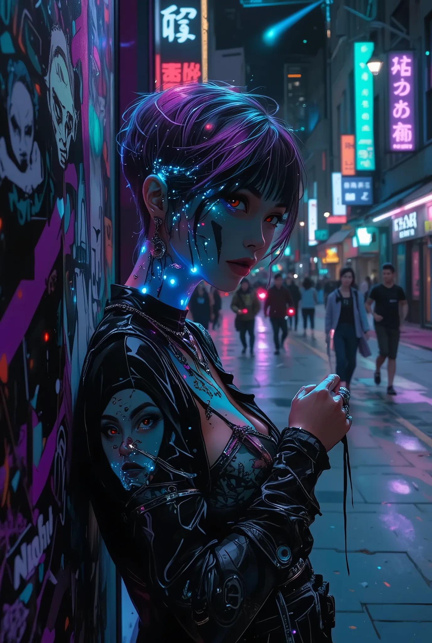 masterpiece, high quality, high res, woman, gothic_lotlita, age_24, lol, looking_at_viewer, ink_splash, ring, abstract, dynamic_angle, pixie_cut, short hair, glow、Black Light、Gothic、Neon Blue、Purple red、Neon Green、dark purple 、Charcoal Grey、Indigo、 black, ...