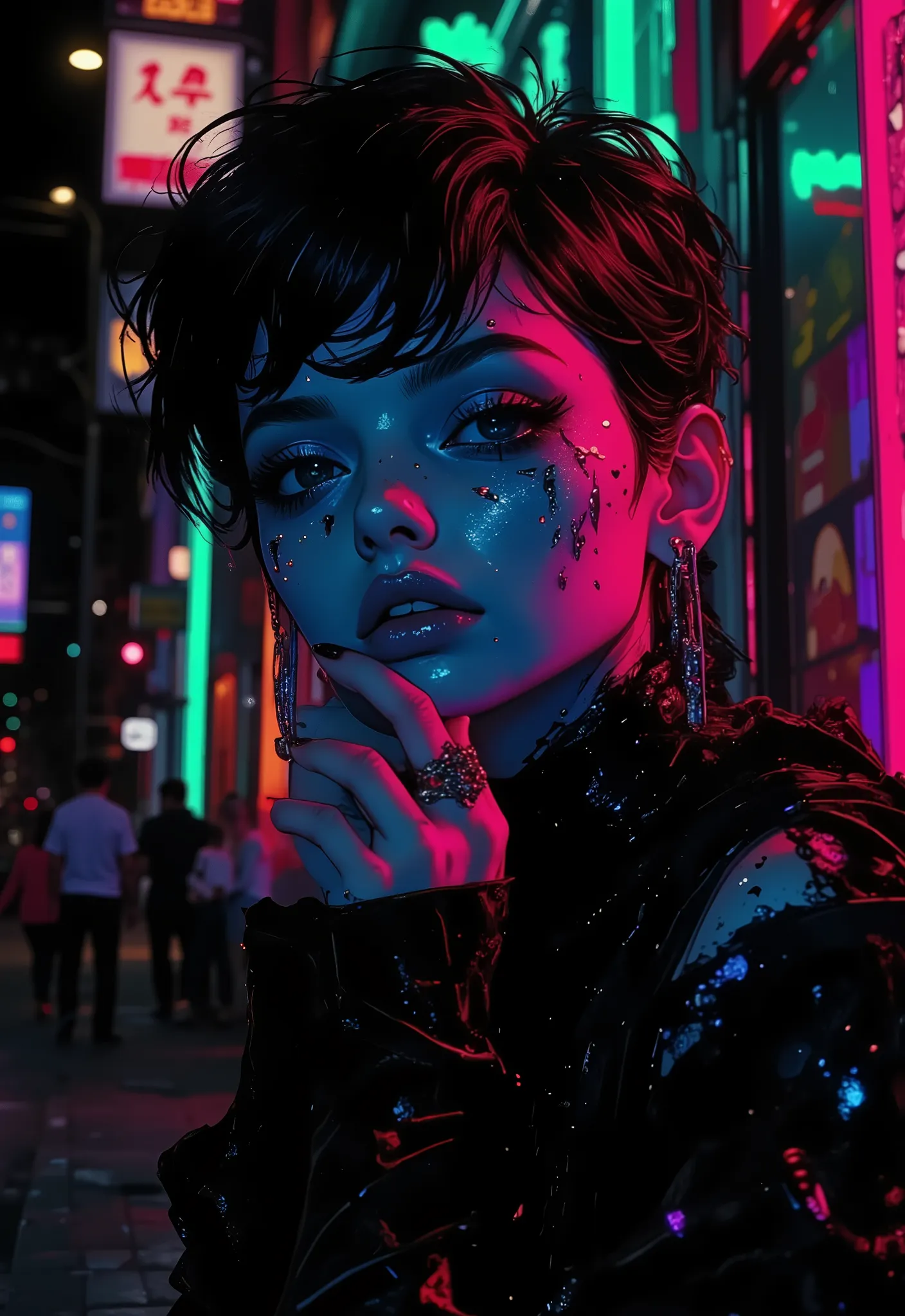 masterpiece, high quality, high res, woman, gothic_lotlita, age_24, lol, looking_at_viewer, ink_splash, ring, abstract, dynamic_angle, pixie_cut, short hair, glow、Black Light、Gothic、Neon Blue、Purple red、Neon Green、dark purple 、Charcoal Grey、Indigo、 black, ...