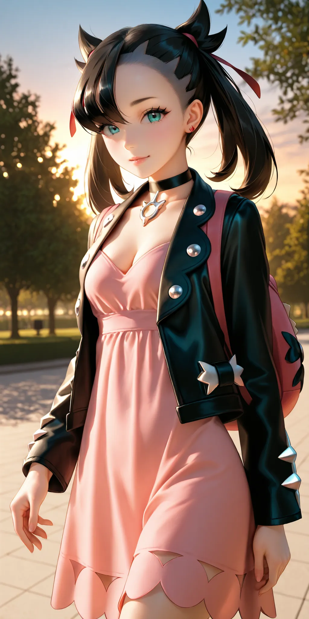 almost realistic, almost realistic, almost realistic, back view, walking, looking back at viewer, gentle smile, 1 girl - Marnie from Pokemon, ppokemonmarnie, aqua eyes, asymmetrical bangs, asymmetrical hair, black hair, hair ribbon, long hair, red ribbon, ...