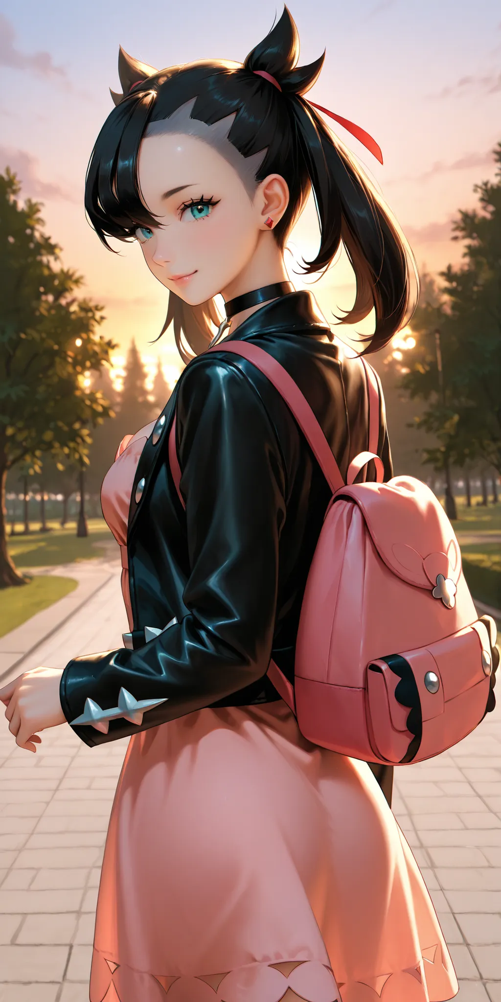 almost realistic, almost realistic, almost realistic, back view, view of her back, from behind, facing away from viewer, walking, looking back at viewer, gentle smile, 1 girl - Marnie from Pokemon, ppokemonmarnie, aqua eyes, asymmetrical bangs, asymmetrica...