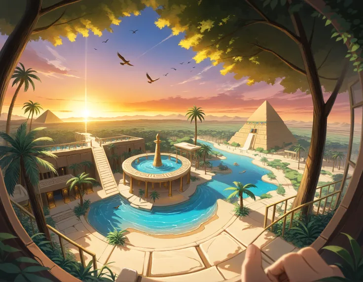 Tilt-shift photo of a0b, scenery, masterpiece, best quality,  Selective focus, detailed background, highly detailed, vibrant, perspective control, ancient egypt, sunset sky, oasis focus, forest, anime style, fantasy background, bird eye view,