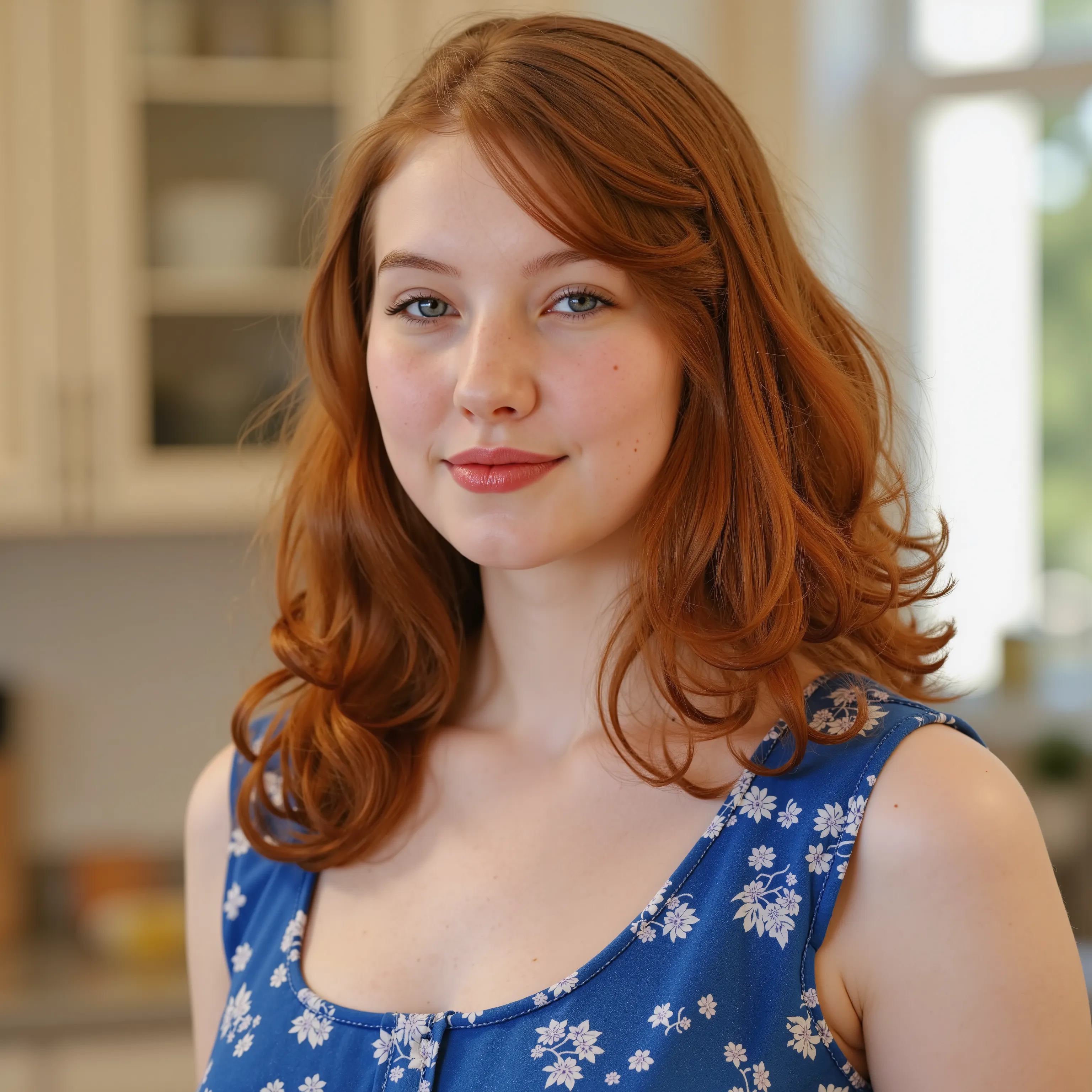 An (extreme close up:2.0) for a lora training set. A beautiful fair skinned woman with blue eyes and long curly red hair. Fair complexion, light skin, (--no freckles:2.0), She is standing in a kitchen wearing a blue flowery scoop neck dress. She a neutra...