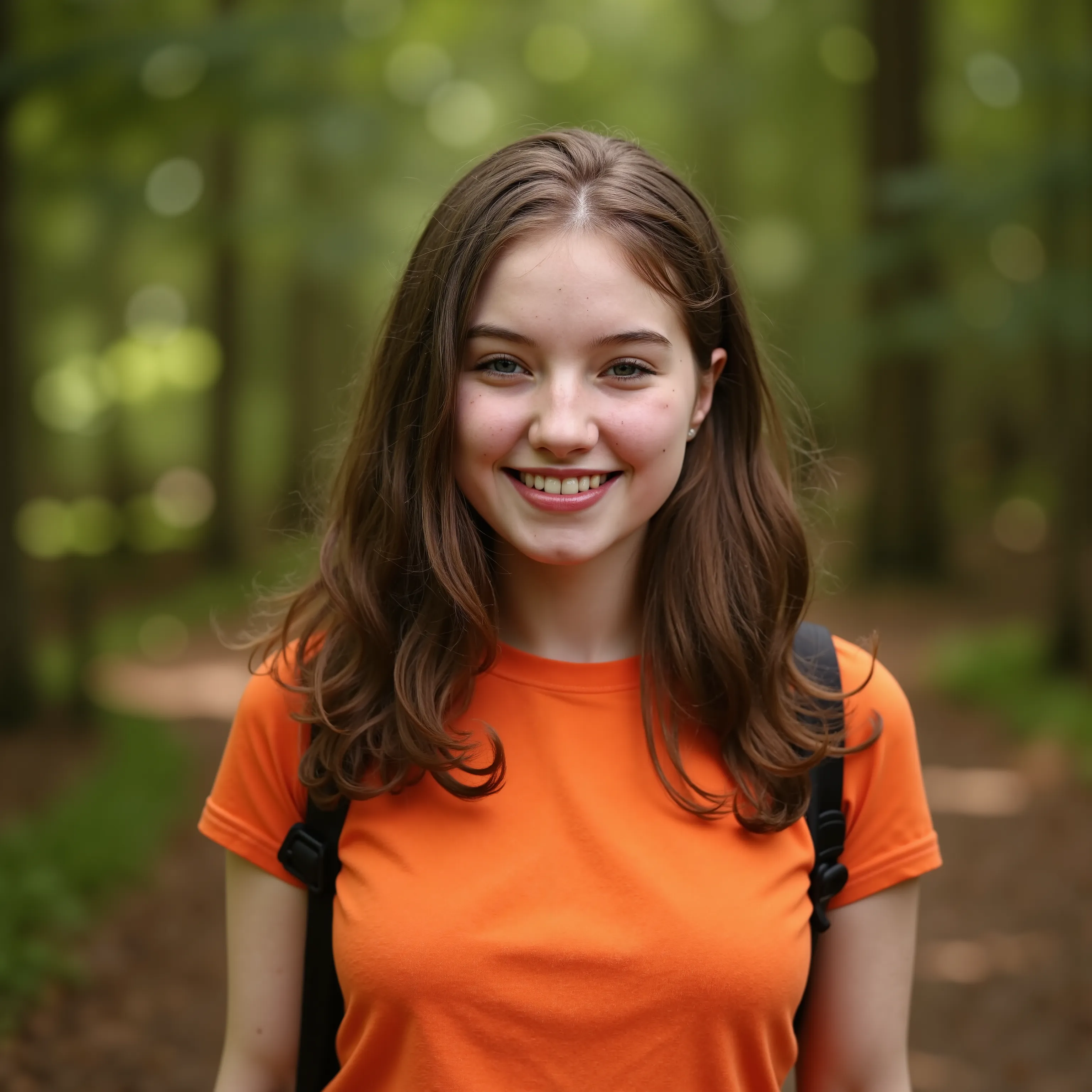 (extreme long distance shot:2.0) for a lora training set. A beautiful fair skinned woman with blue eyes and long curly brown hair. Fair complexion, light skin, (--no freckles:2.0), She is standing in a forest wearing an orange t-shirt and hiking shorts. ...