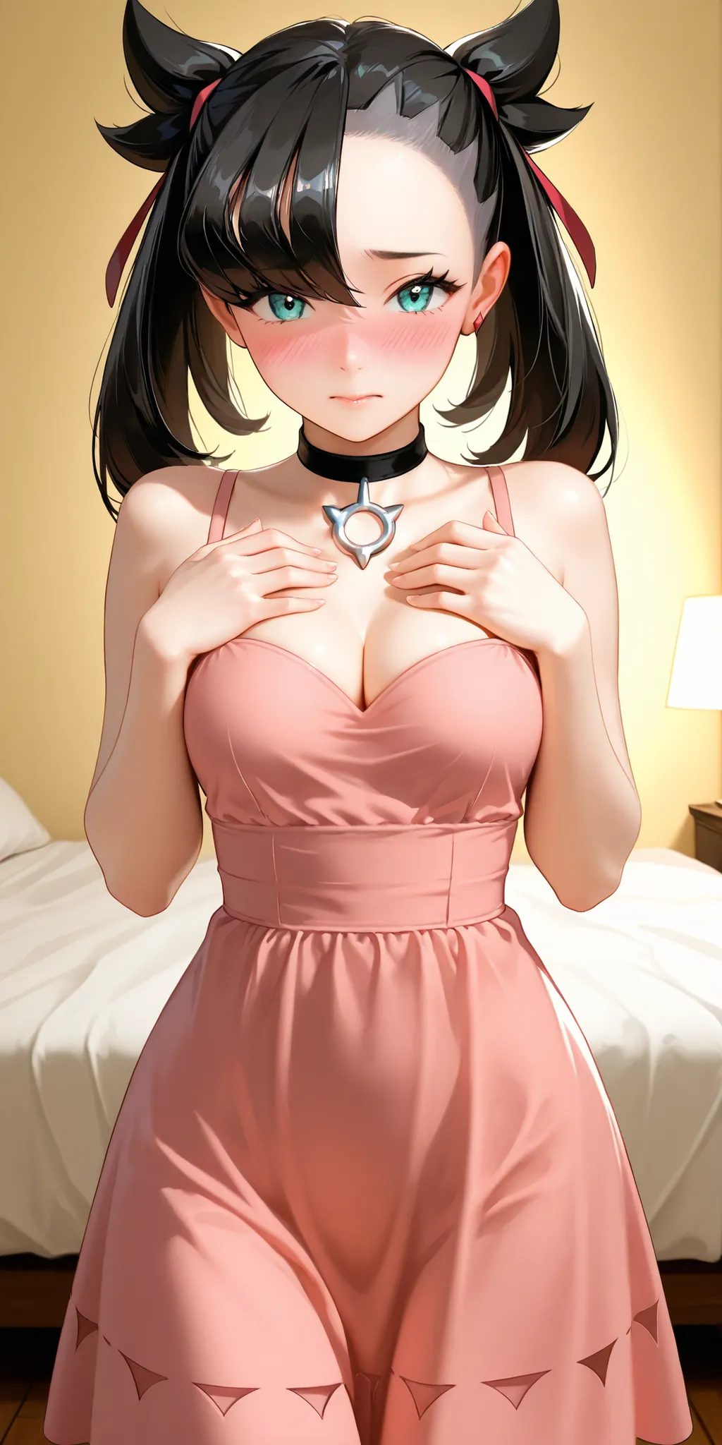 almost realistic, almost realistic, almost realistic, front view, view of her body, from front, facing viewer, looking at viewer, blushing, shy, hands on her chest, 1 girl - Marnie from Pokemon, ppokemonmarnie, aqua eyes, asymmetrical bangs, asymmetrical h...
