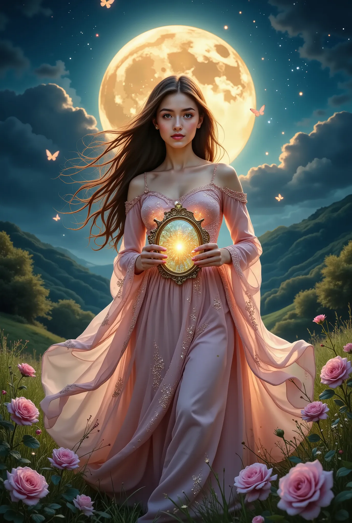 Beautiful girl, depicted in painting and in a light dress, purple-gold, the stars that fit her beautifully, holds beautifully in hands a small magic mirror with patterns, the mirror itself sparkles and like a haze burns with green light, magic roses bloom ...