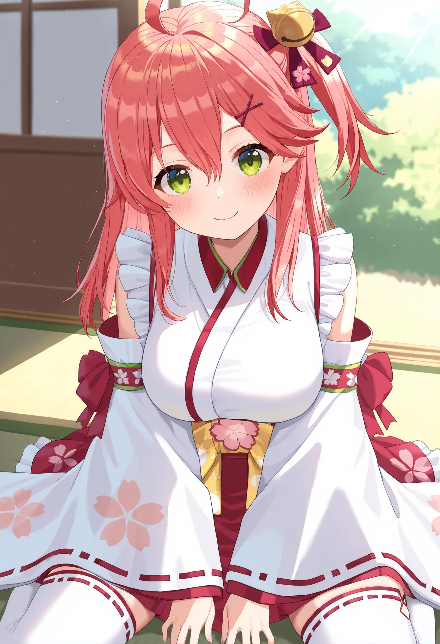 masterpiece, best quality, highres, miko1, sakura_miko, young__1girl, large_breasts, solo, ahoge, x_hair_ornament, light_red_hair,blush, floral print, hairclip,(side_less_clothes:1.5), side_breasts, hair_bell, floral print, long_hair, hair between eyes, on...