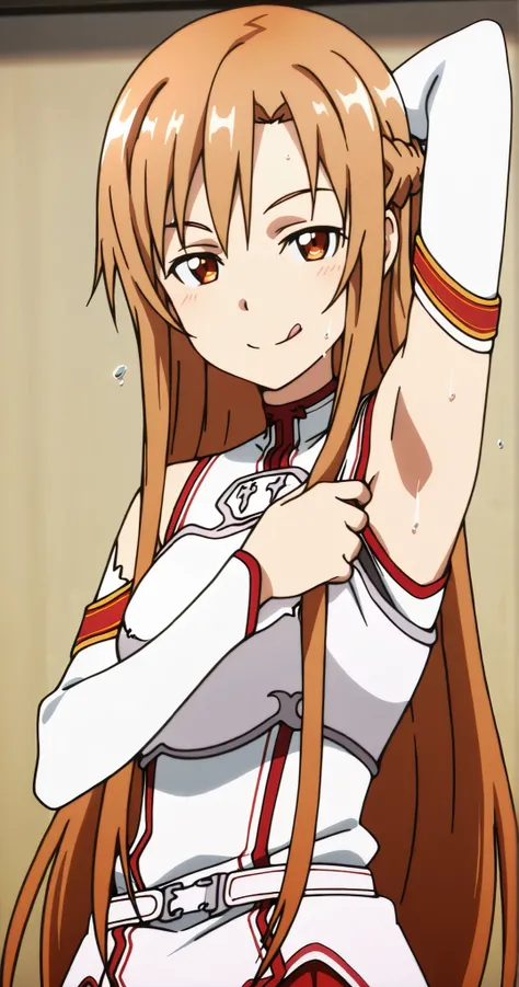 masterpiece, best quality, amazing quality, anime screencap, anime coloring, 1girl, solo, Yuuki Asuna, Yuuki Asuna SAO costume, White Armor, White breastplate, White isolated sleeve, (character), long hair, detached sleeves, bare shoulders, bare arms, arm ...