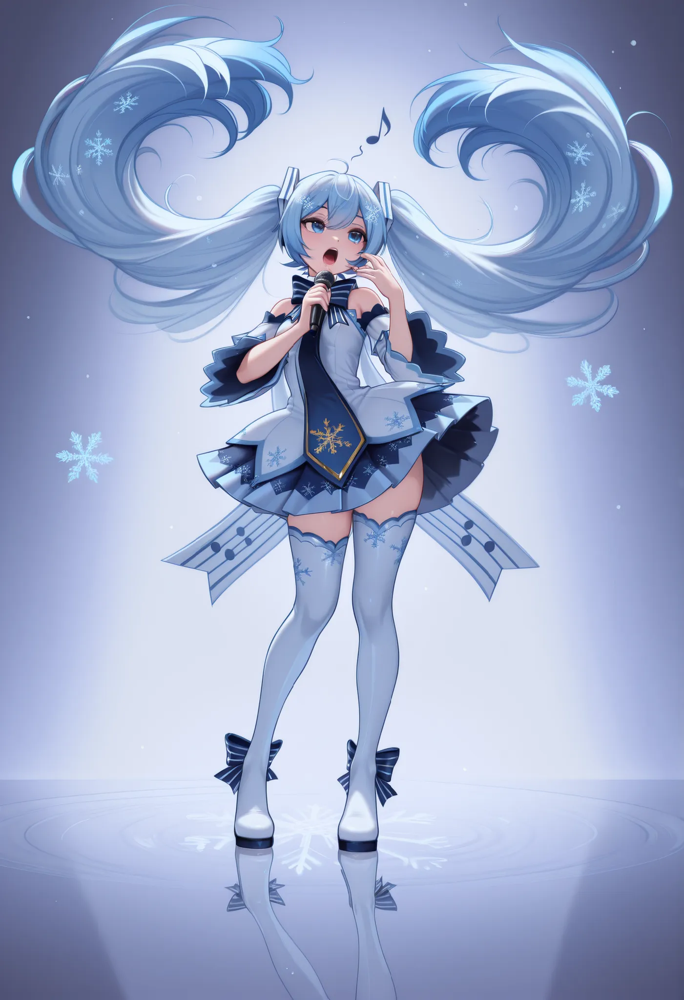 ,1girl,yuki miku,snowflake,snowflake hair ornament,snowflake print,snowflakes,striped bow,twintails,long hair,cyber fashion,musical note,eighth note,singing,dynamic pose,reflection,
,masterpiece,best quality,amazing quality,