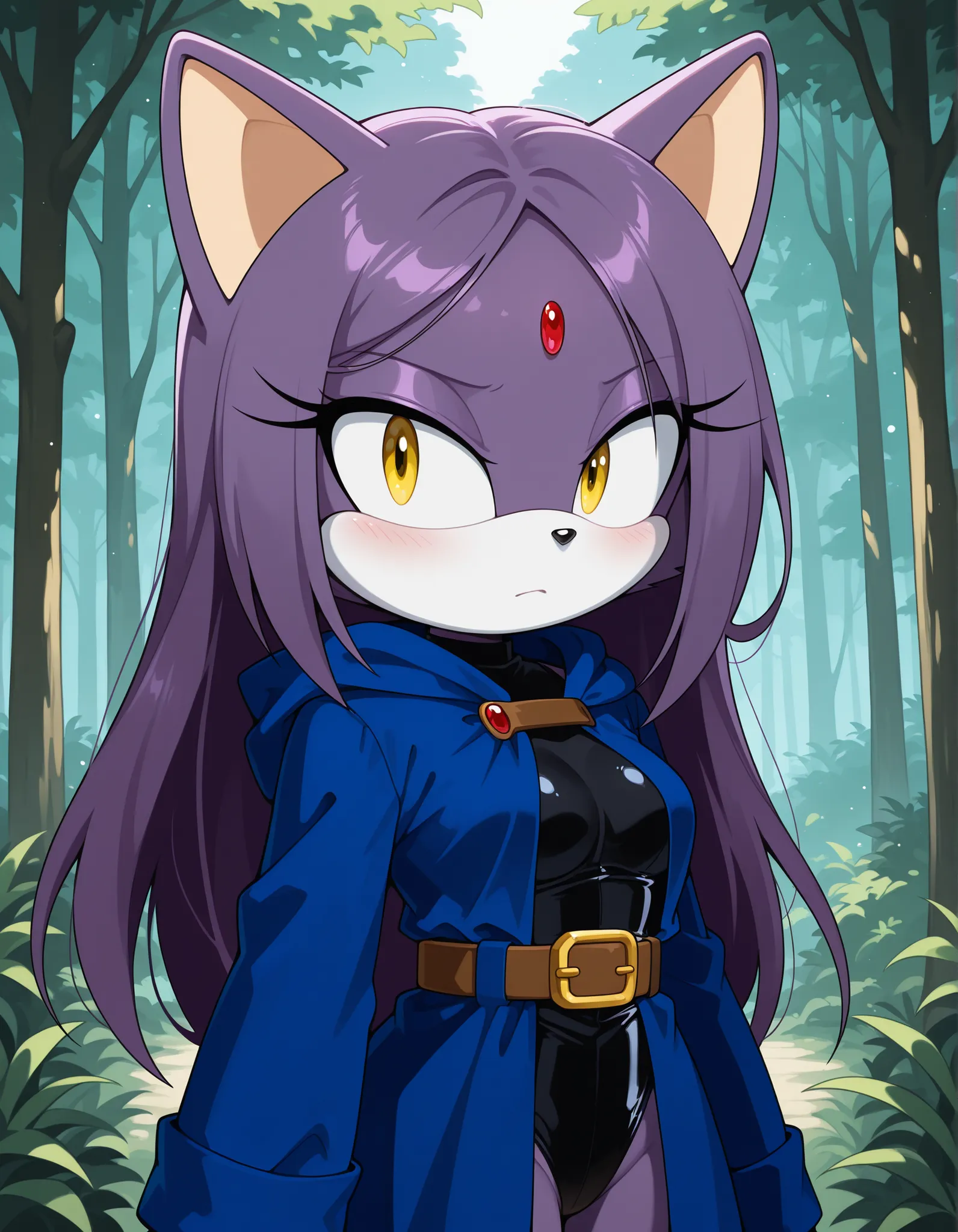 onmodelblobian, sonic (series),, looking at viewer, very detailed, extremely detailed, (1girl), (solo), Female Cat, Blaze the Cat, (darkish purple fur), dressed as Raven, Cosplay, medium breasts, eyelashes, daytime, mobian, mobius city, (Raven hairstyle),...