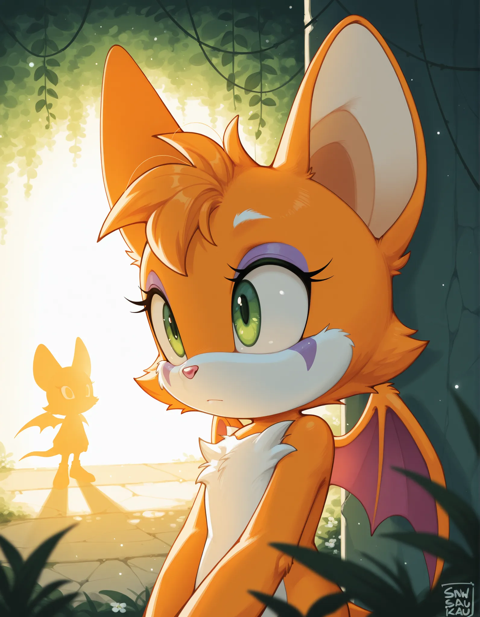 onmodelblobian, sonic (series),, Alone, furry, Fidget \(elysian TAIL\), Nimbat, Fidget _daet, anthropology, furry female, wings, TAIL, green eyes, colored sclera, bat wings, facial markings, orange fur, white fur, two-tone fur ,membranous wings, fluffy, po...