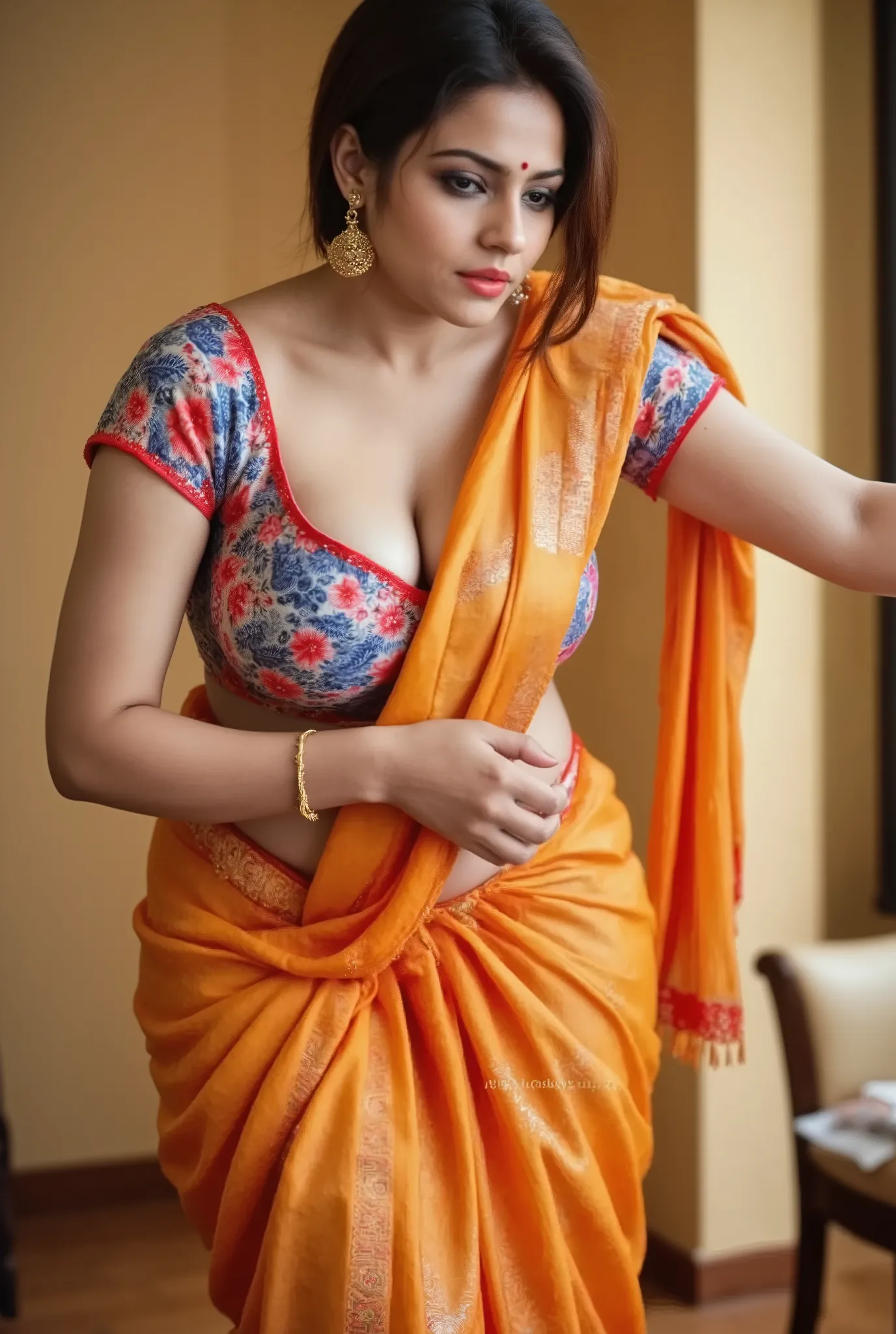 A woman is wearing a revealing traditional Indian saree, which is a long piece of cloth draped elegantly around her body. The saree is primarily orange or saffron in color, with a contrasting blouse that is red with a blue and white paisley or floral patte...