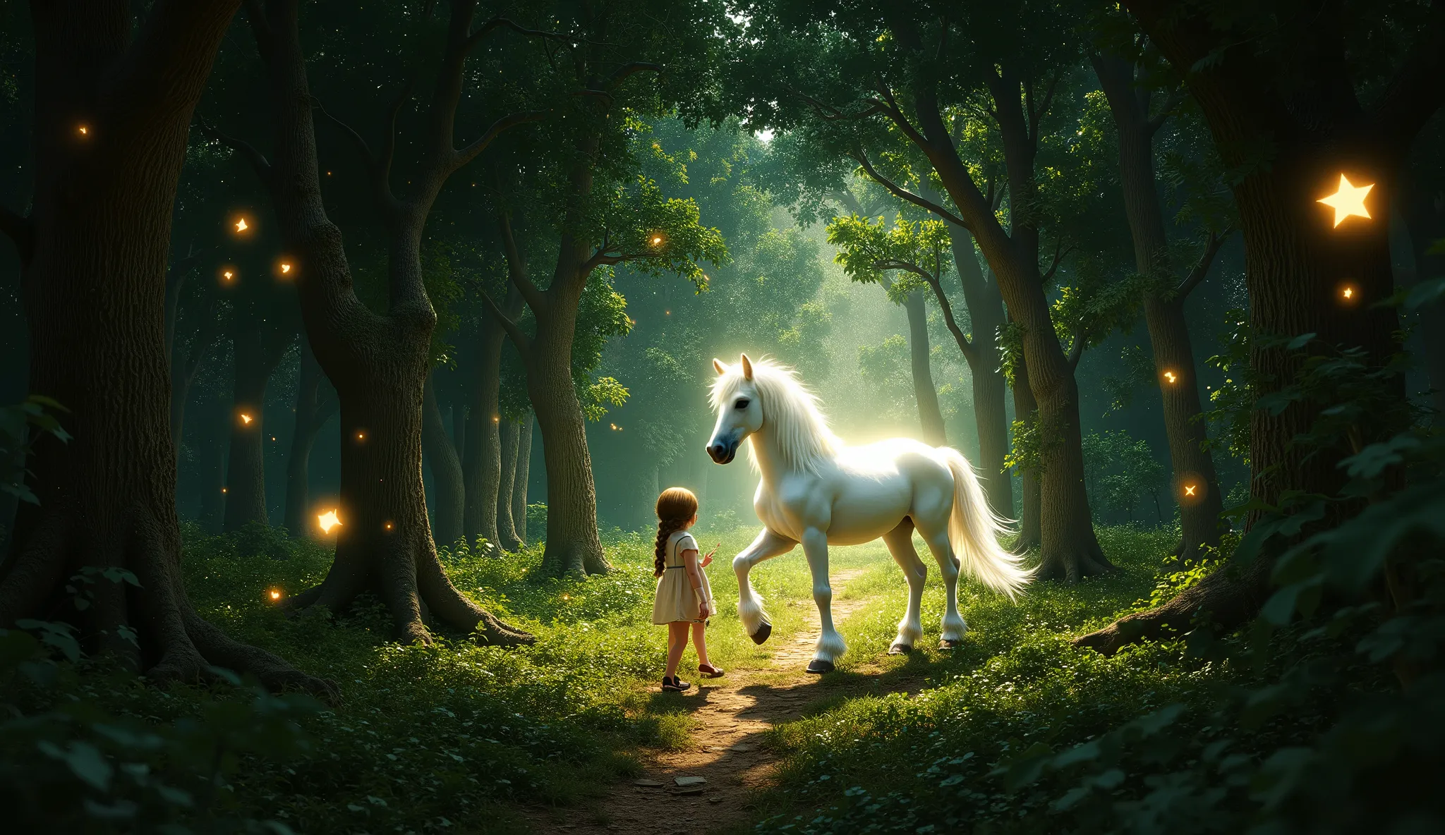 A soft luminous white élégant and stunning young unicorn walks through an enchanted dark green forest, meeting a young girl  figure. The scene is rich in lucioles by night, with glowing stars hanging in the trees and a magical ambiance, nature patterns glo...