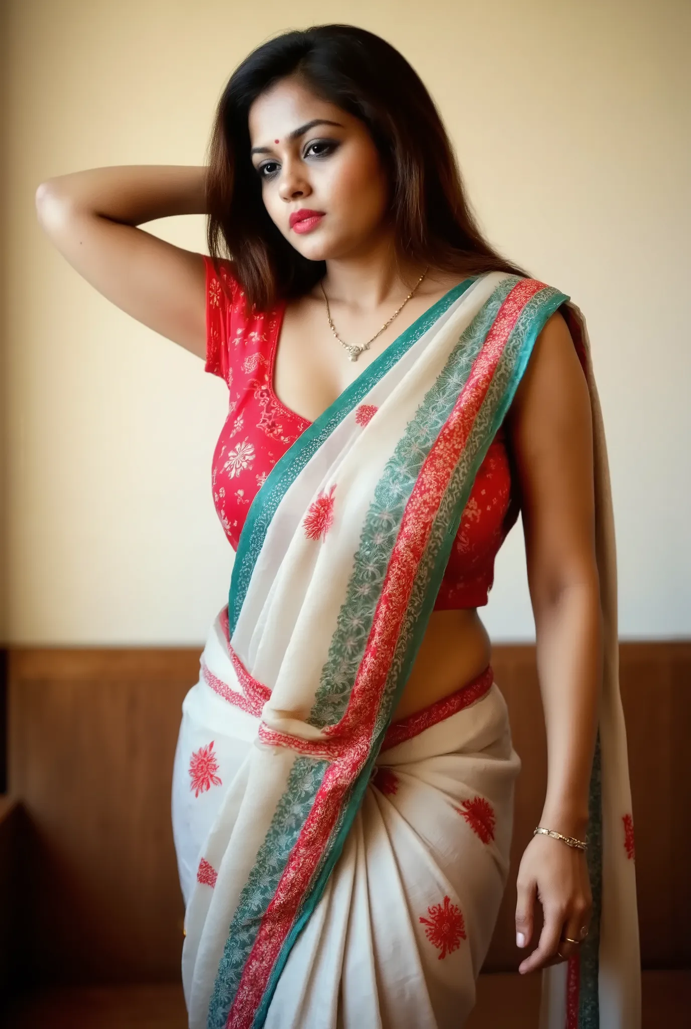 A woman is wearing a traditional Indian saree, predominantly featuring a red blouse and a saree with a beige and green border adorned with red and white patterns. The saree has intricate designs, including geometric shapes and stylized motifs. She is posit...