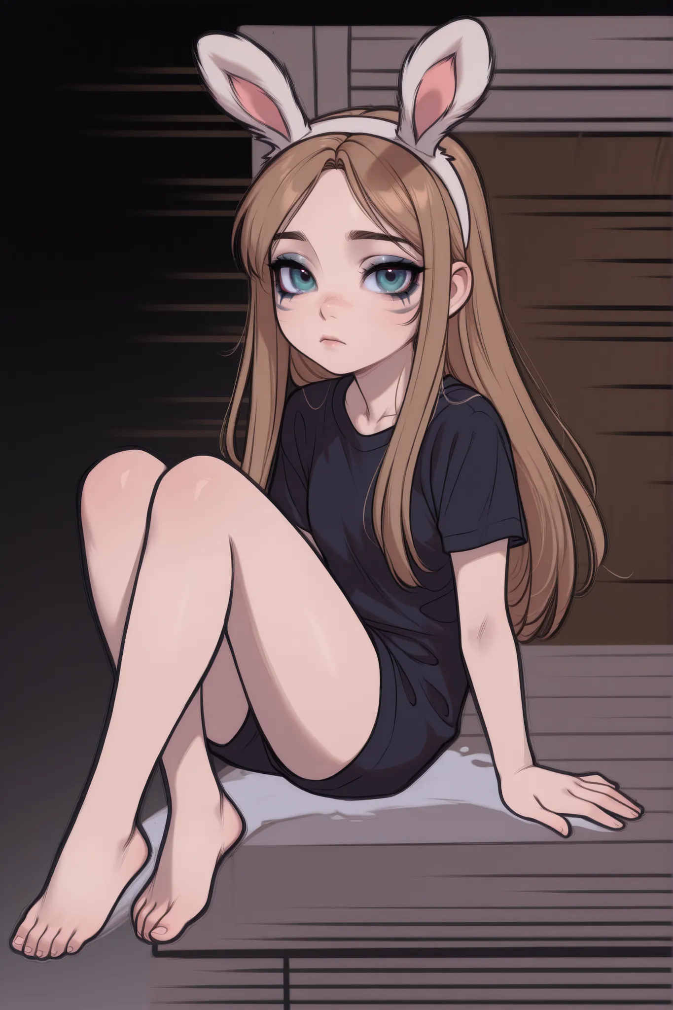 1girl, cute age girl with long straight light brown (russet) hair, fair skin, soft facial features, tired expression, grayish blue-green eyes (hazel-gray), subtle makeup, looking at the viewer, semi-realistic or anime-style, high detail, crisp lines, soft ...