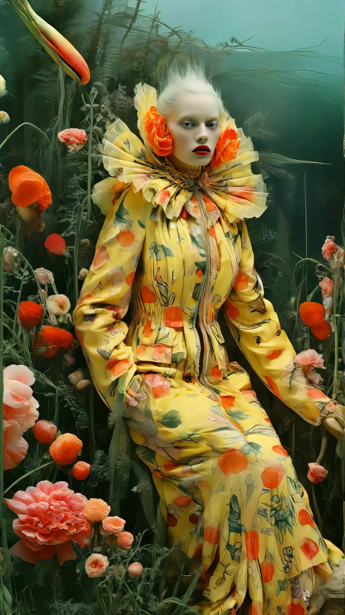 Tim Walker inspired, fashion photography, whimsical settings, surreal elements, creative storytelling, vibrant colors, (detailed face:1.05), hyperrealistic, Photorealistic