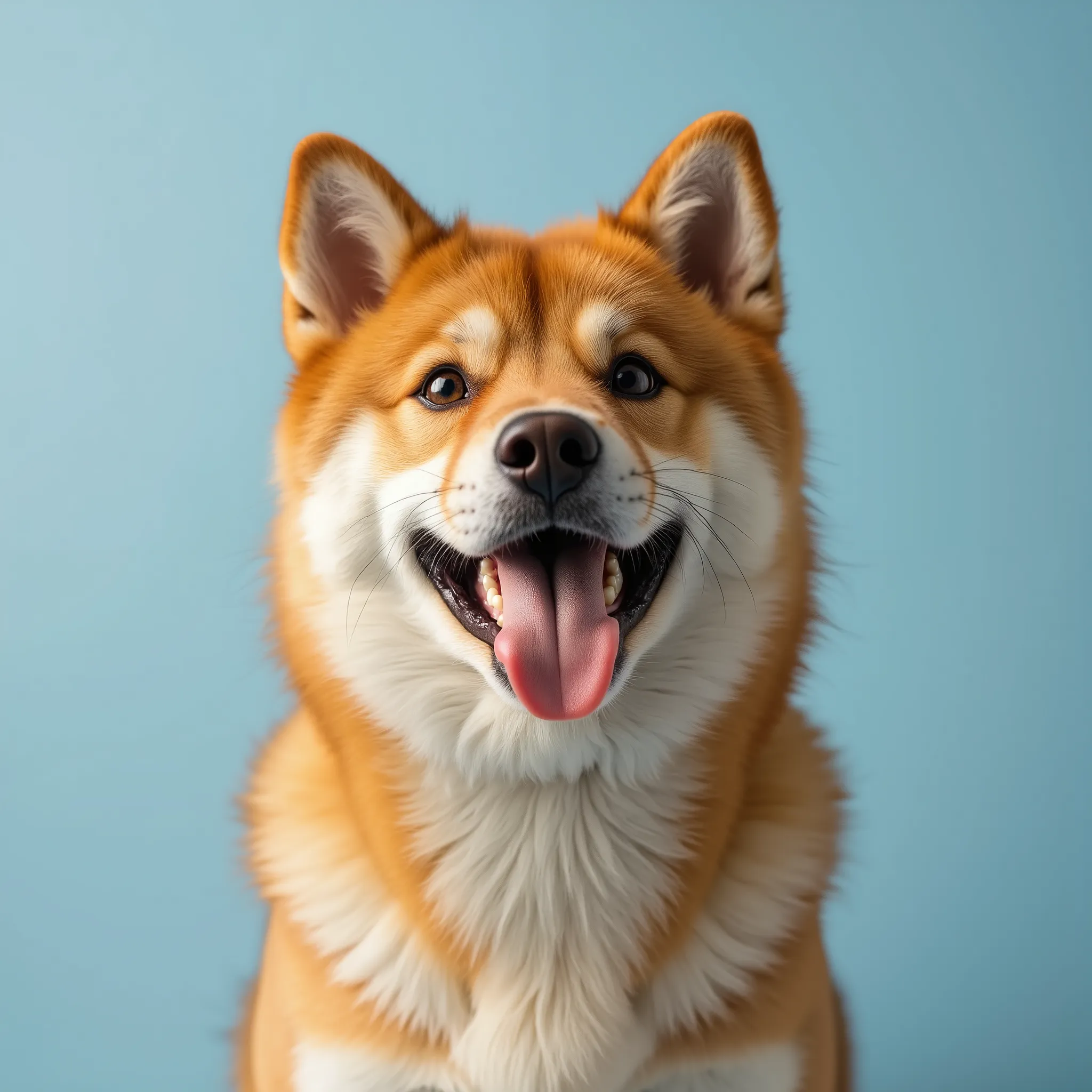 Photorealistic image of a happy Shiba Inu dog with tongue out, looking into the camera playfully from the side, head tilted, on a solid light blue background. Sharp focus, natural lighting, high detail, realistic fur texture, fun and cheerful expression, D...