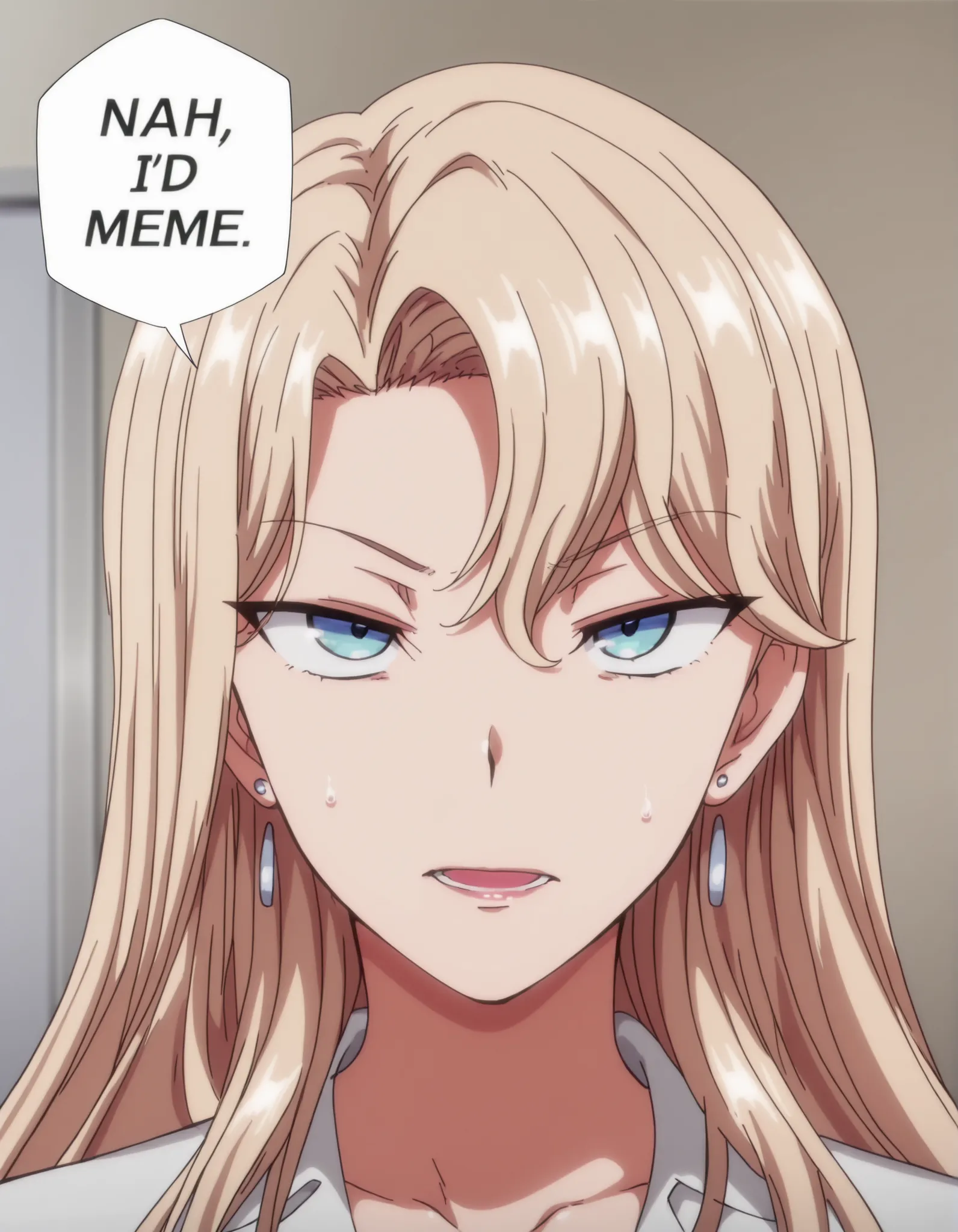 score_9, score_8_up, score_7_up, reika kurashiki, blonde hair, long hair, blue eyes, source_anime,  nah id win, nah i'd win (meme), english text, speech bubble, meme, talking, straight-on, portrait, , ,