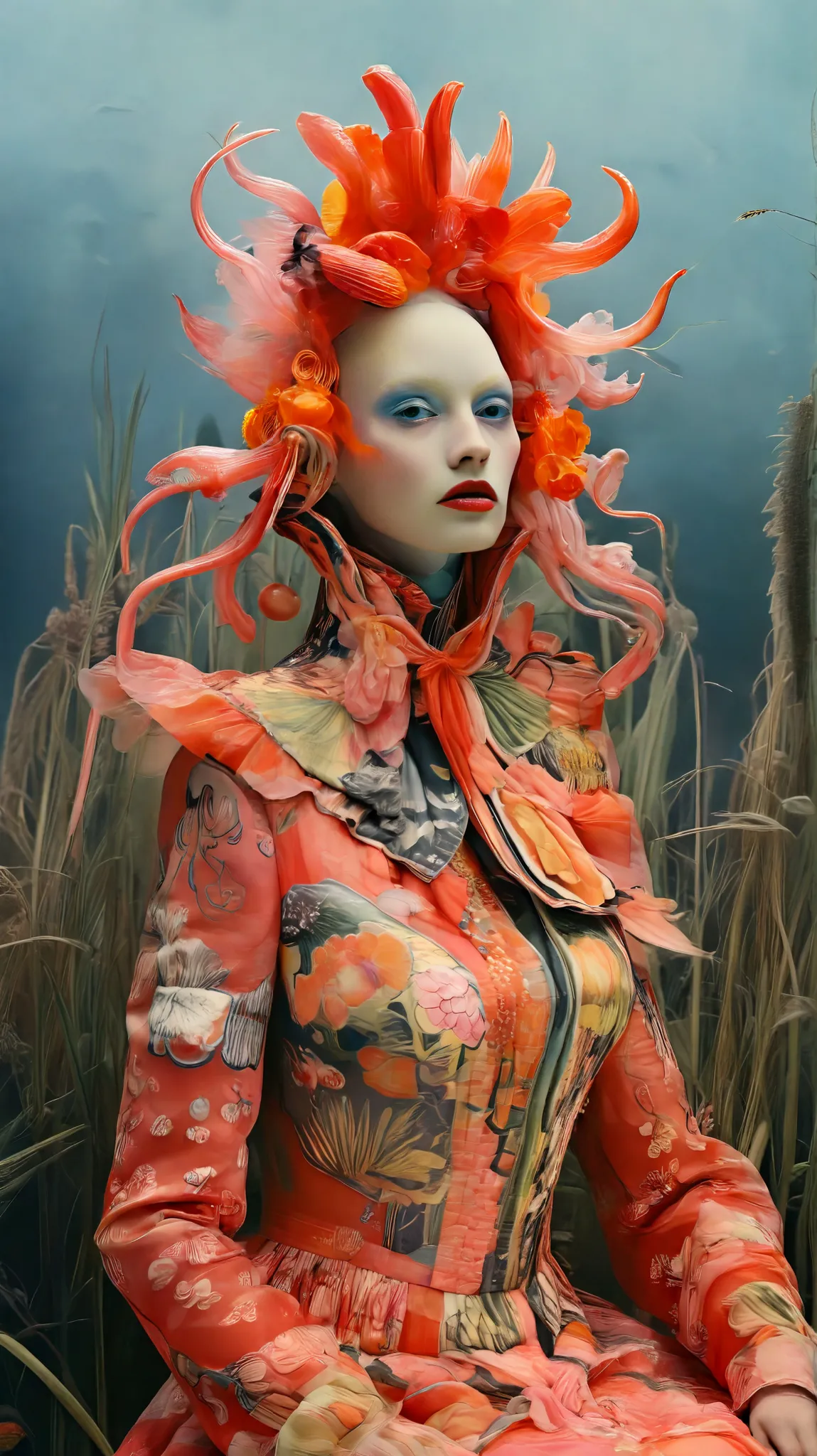 Tim Walker inspired, fashion photography, foreground, whimsical settings, surreal elements, creative storytelling, vibrant colors, (detailed face:1.05), hyperrealistic, Photorealistic