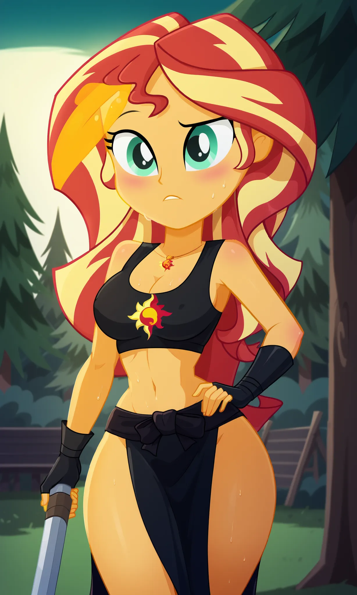 ((masterpiece, detailed image, soft skin, style_2d_chibi)), (sunset_shimmer)1 girl, crop top, cleavage, huge breasts,, ((focus on face)), 1 girl, alone, navel, weapon, kunai, ninja, pelvic_curtain, fingerless_gloves, looking_at_visor, holding, midriff, s...